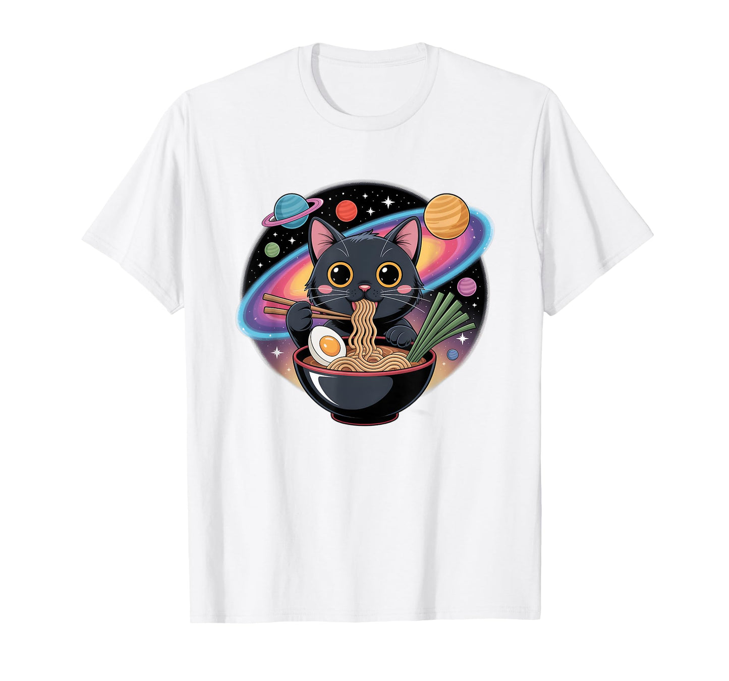 Cute Black Cat Eating Ramen in Space with Planets T-Shirt