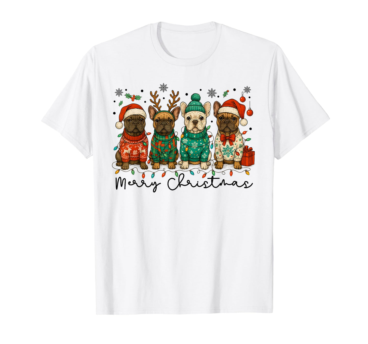 Merry Christmas French Bulldog Xmas Puppy for Men Women Kids T-Shirt