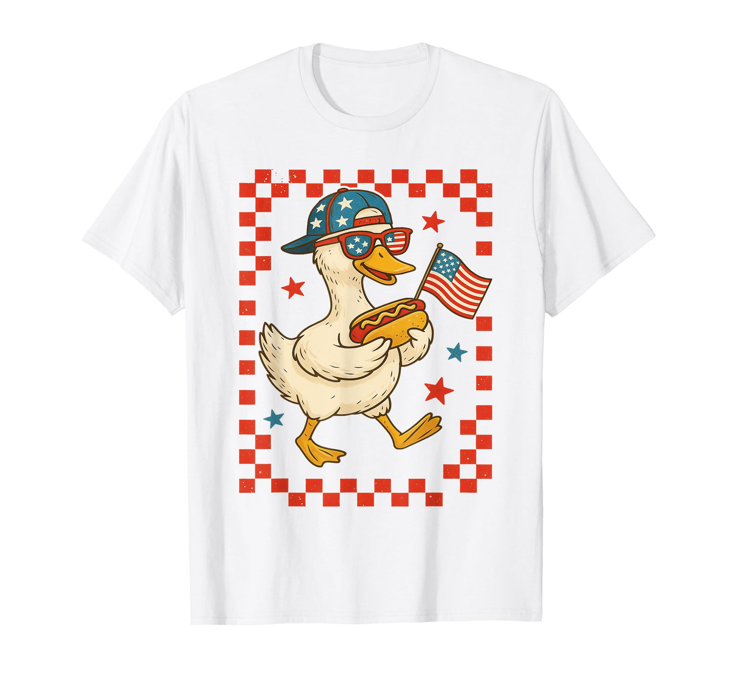 Patriotic Duck with Hot Dog and Flag Funny 4th of July USA T-Shirt for Men Women Girls Kids