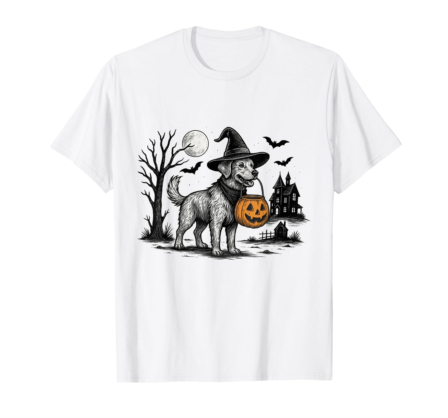 Witch Dog With Pumpkin Basket Halloween Dog Lover T-Shirt