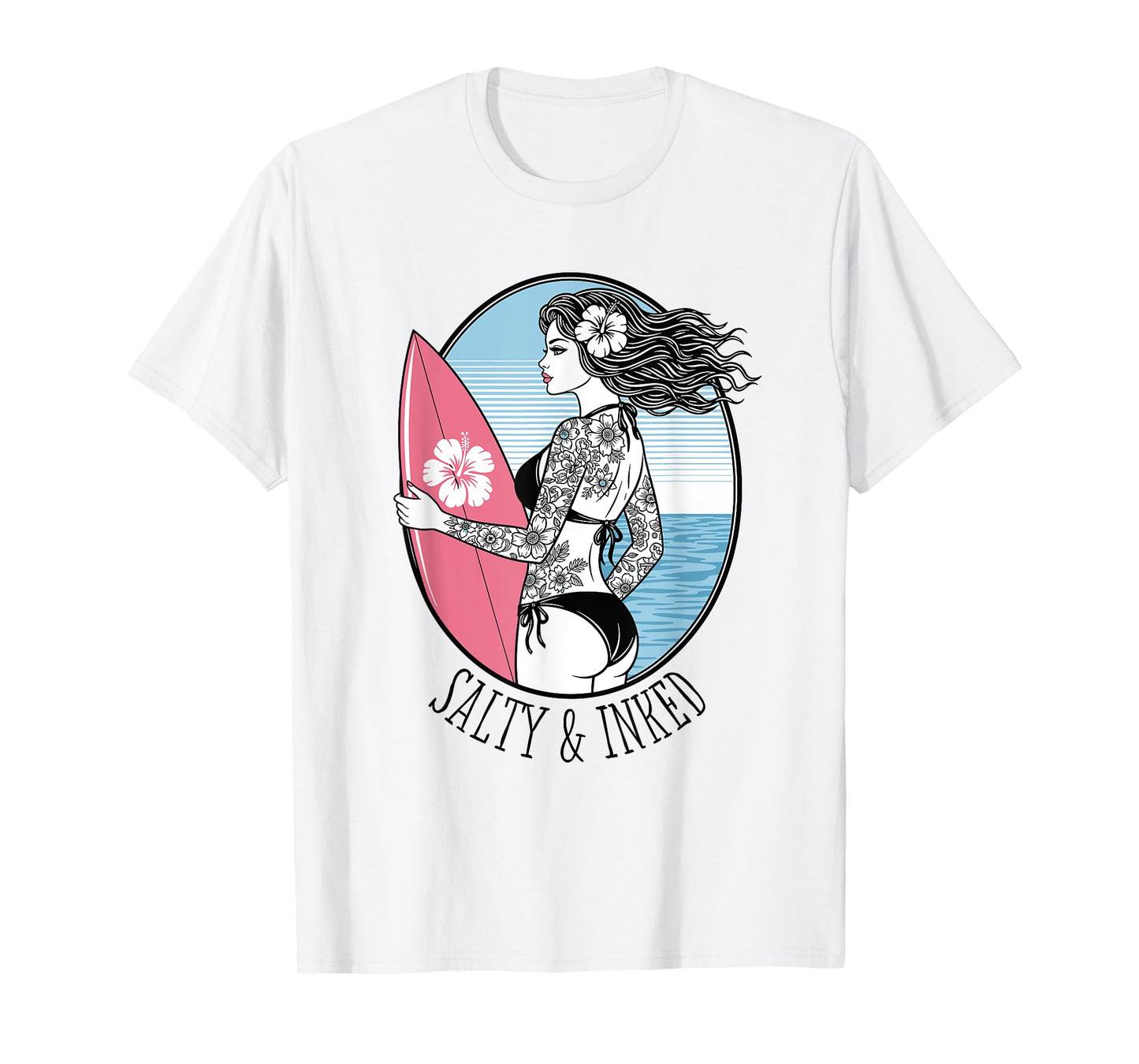 Salty & Inked Tattooed Girl Surfer Vintage Pin-Up Tattoo Art T-Shirt