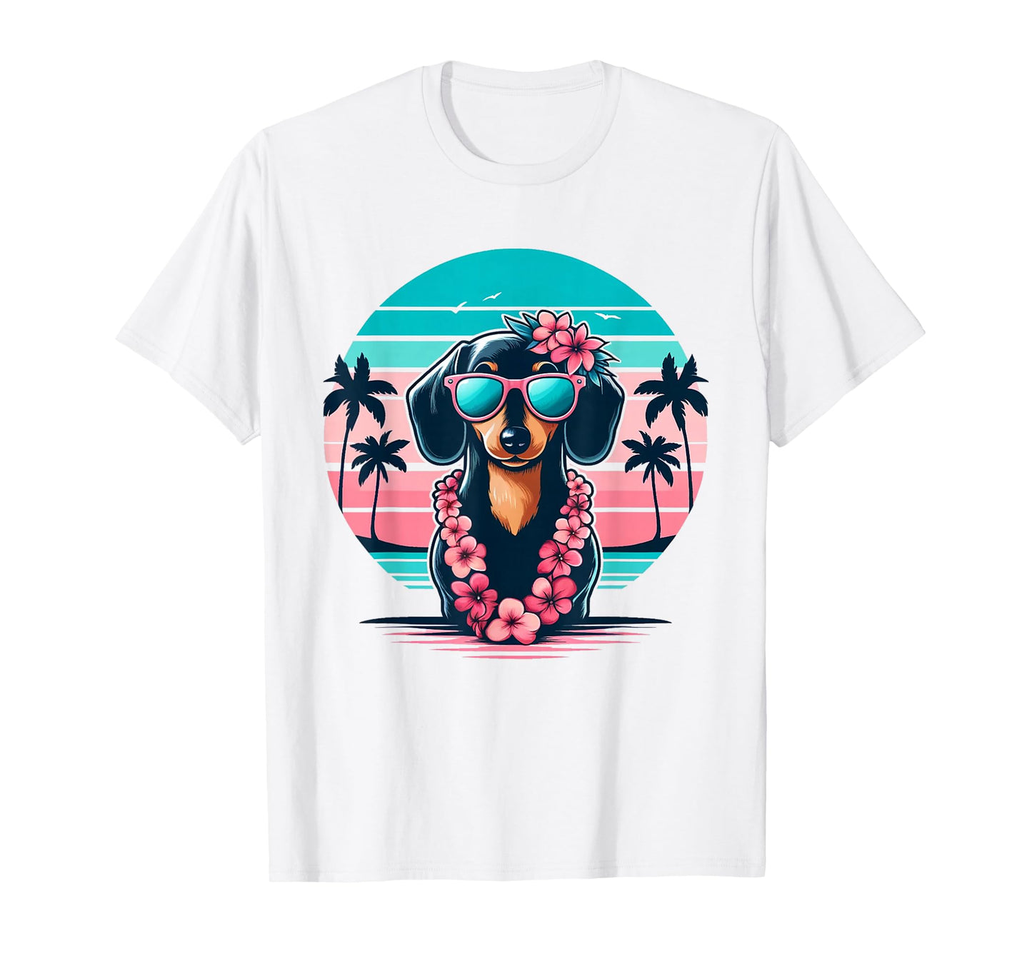 Retro Hawaiian Dachshund Dog Tropical Floral Summer Vibes T-Shirt