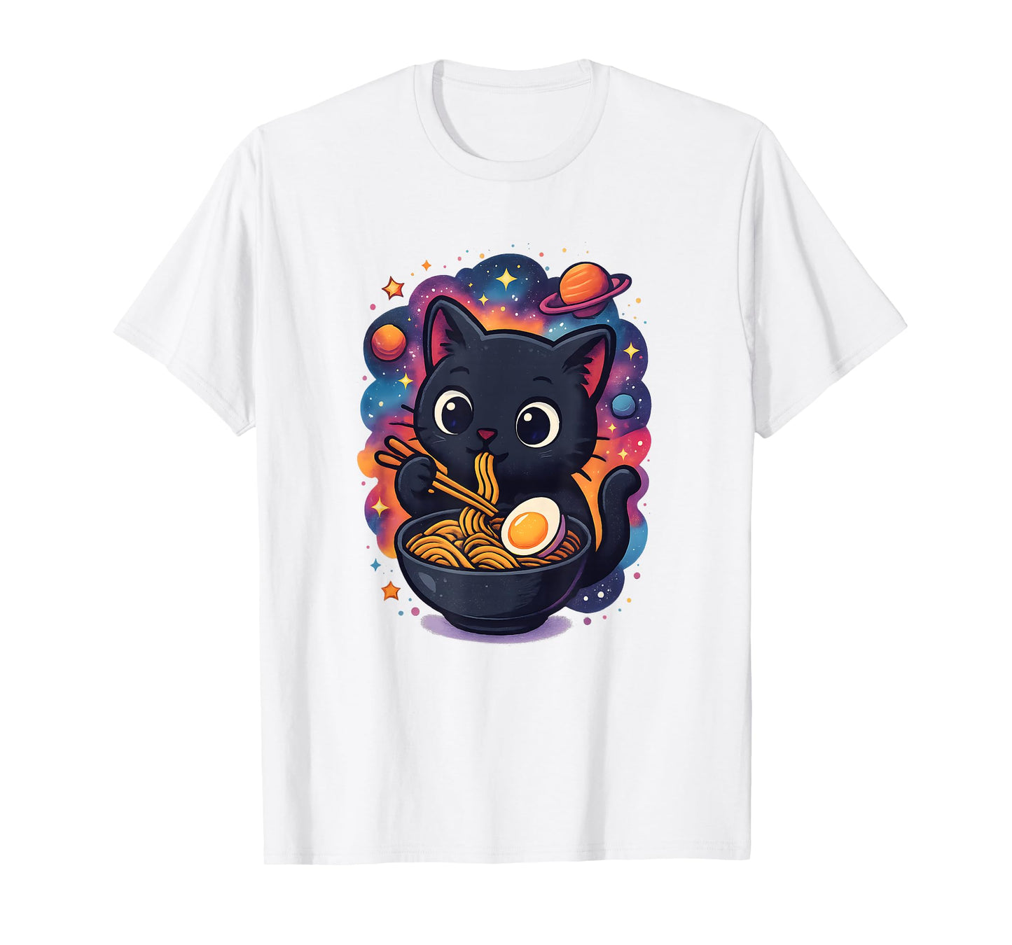 Cute Black Cat Eating Ramen in Space with Planets T-Shirt