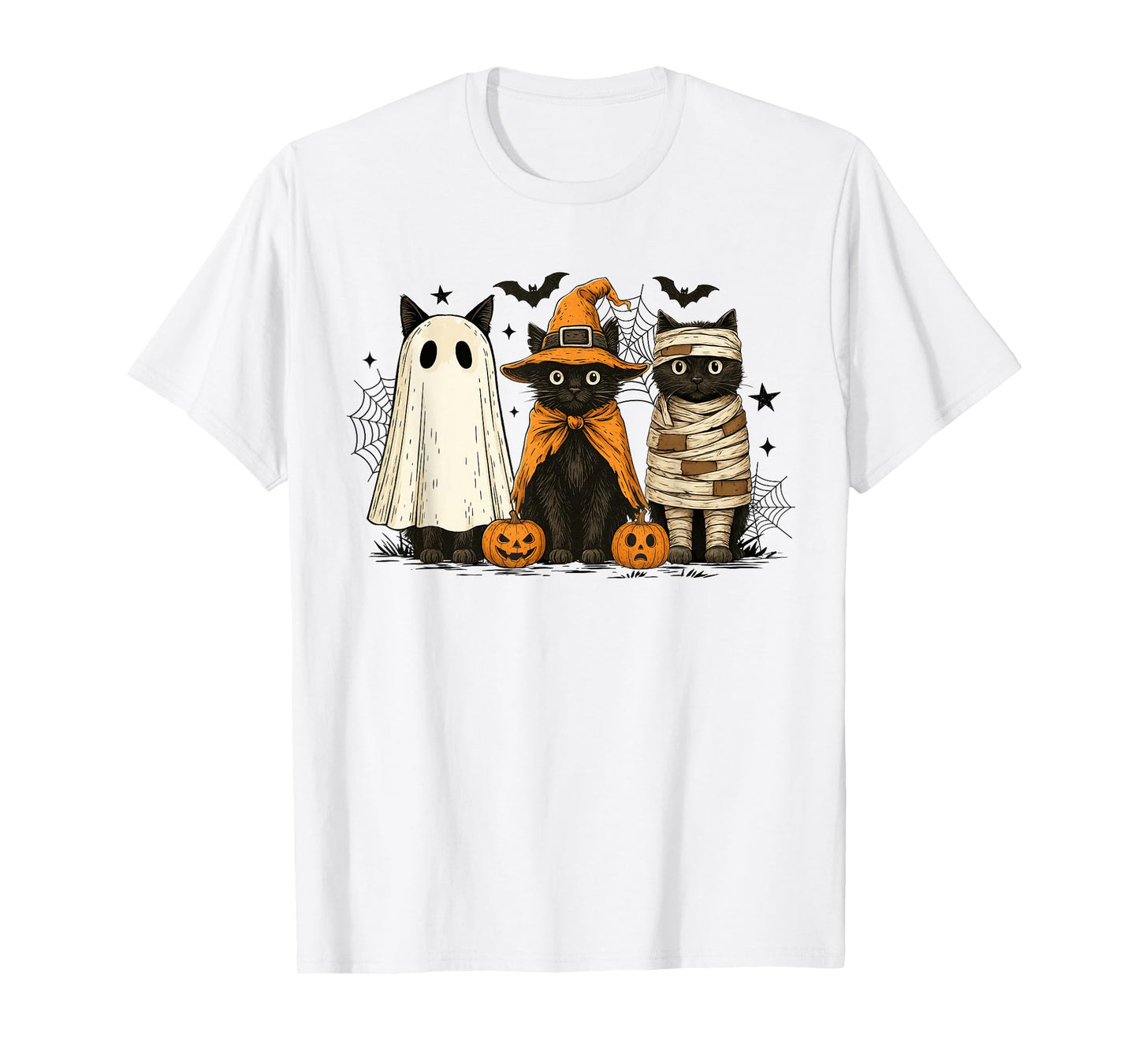 Retro Black Cat Witch Scary Halloween Pumpkin Women Men Kids T-Shirt