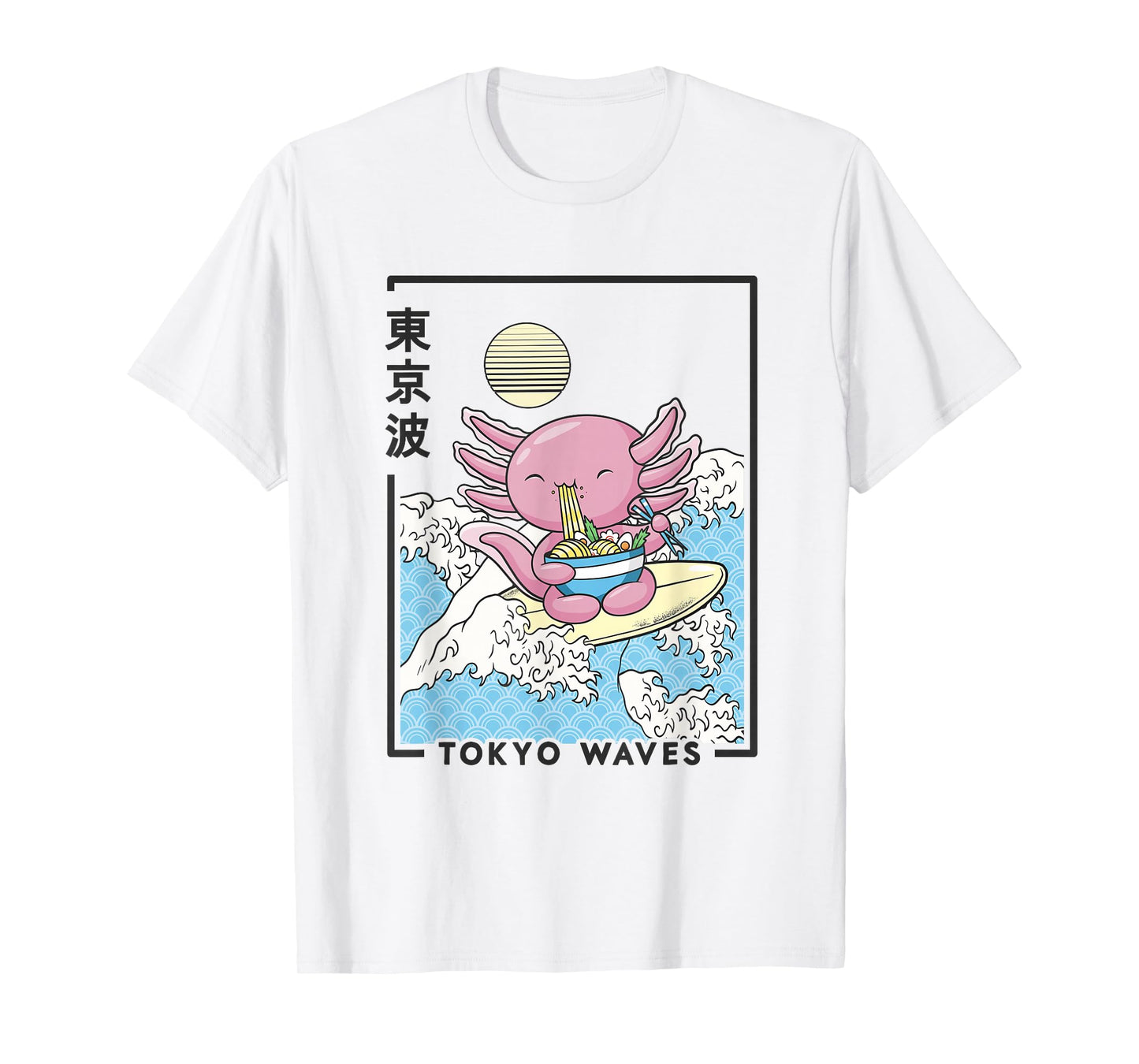 Axolotl Eating Ramen Japanese Waves Kids Kawaii Aesthetic T-Shirt