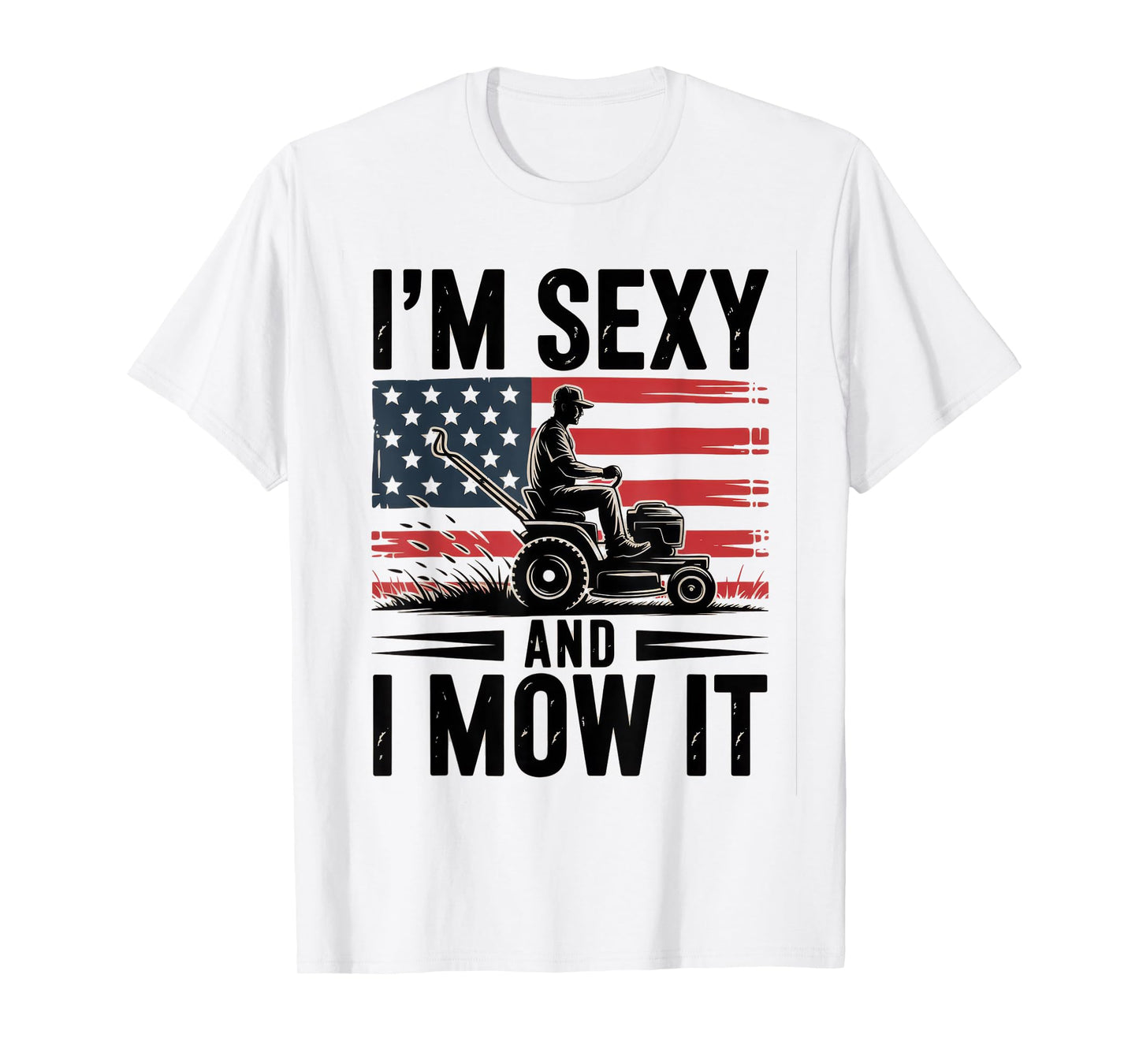 Funny Lawn Care Mowing Dad Silhouette USA Flag Humor T-Shirt