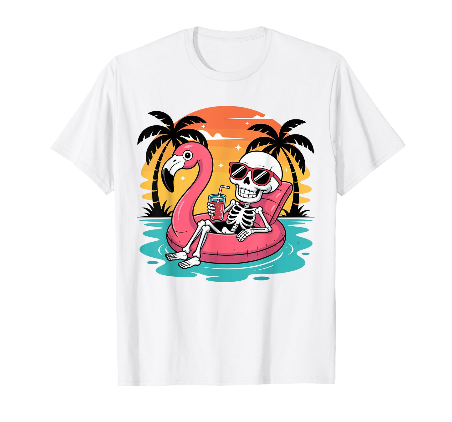 Summer Skeleton Flamingo Float Vacation Beach T-Shirt