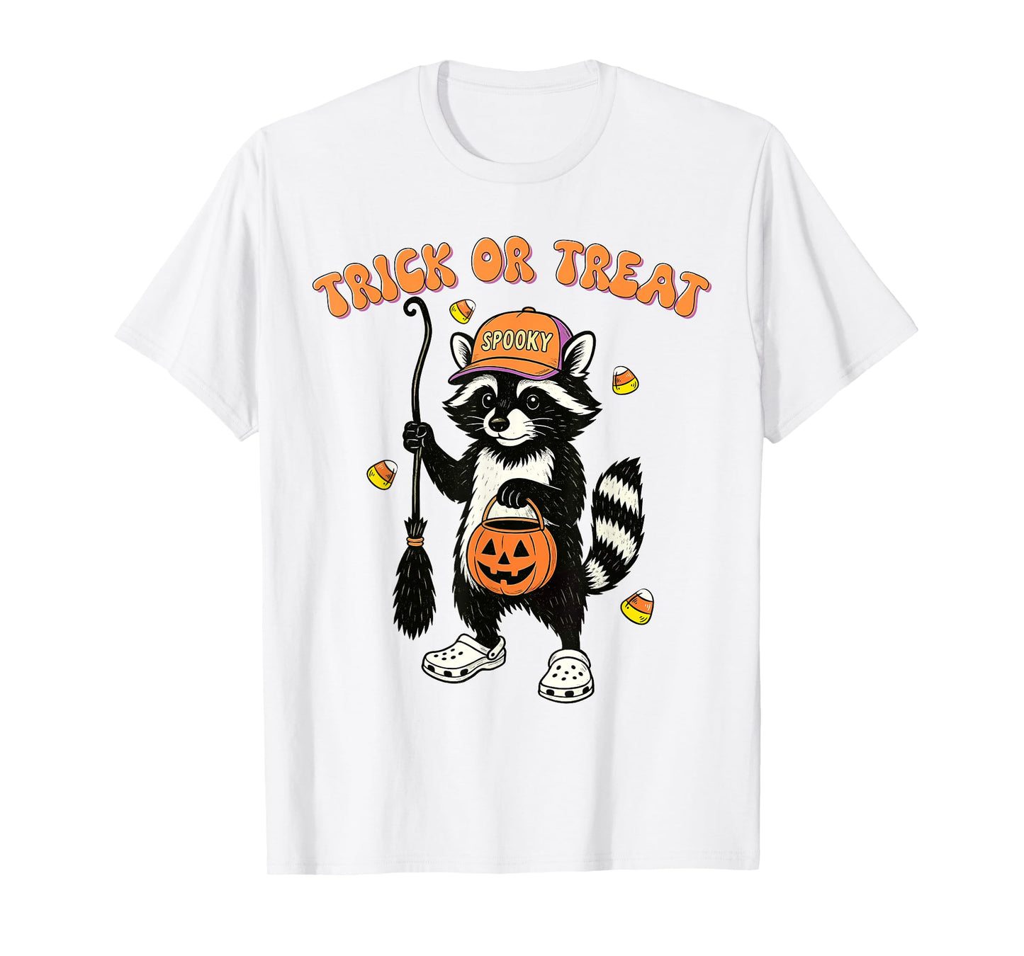 Retro Trick or Spooky Treat Halloween Raccoon Pumpkin Bucket T-Shirt