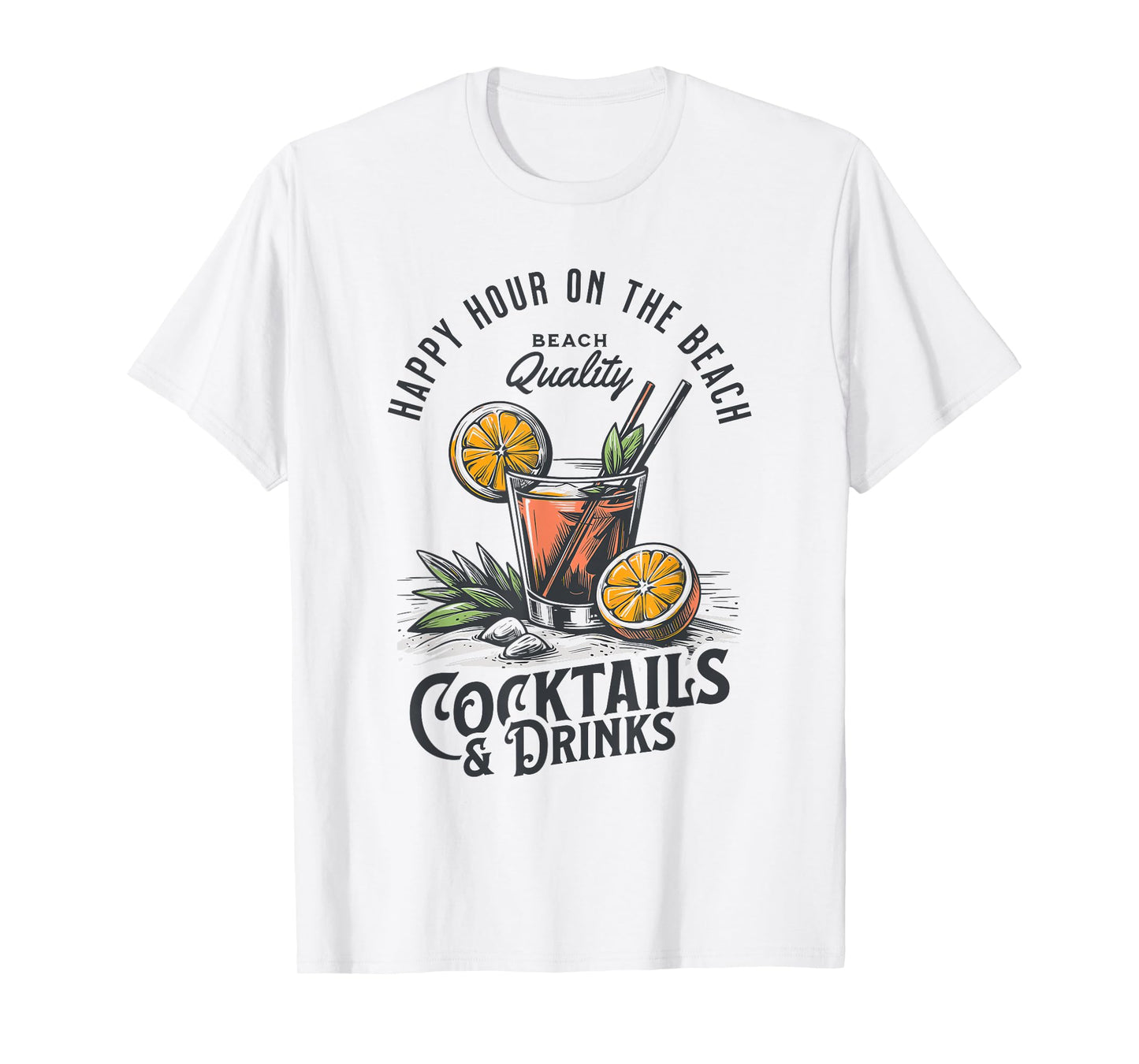 Happy Hour Cocktail Glass with Orange Palm Leaves Beach Bar T-Shirt