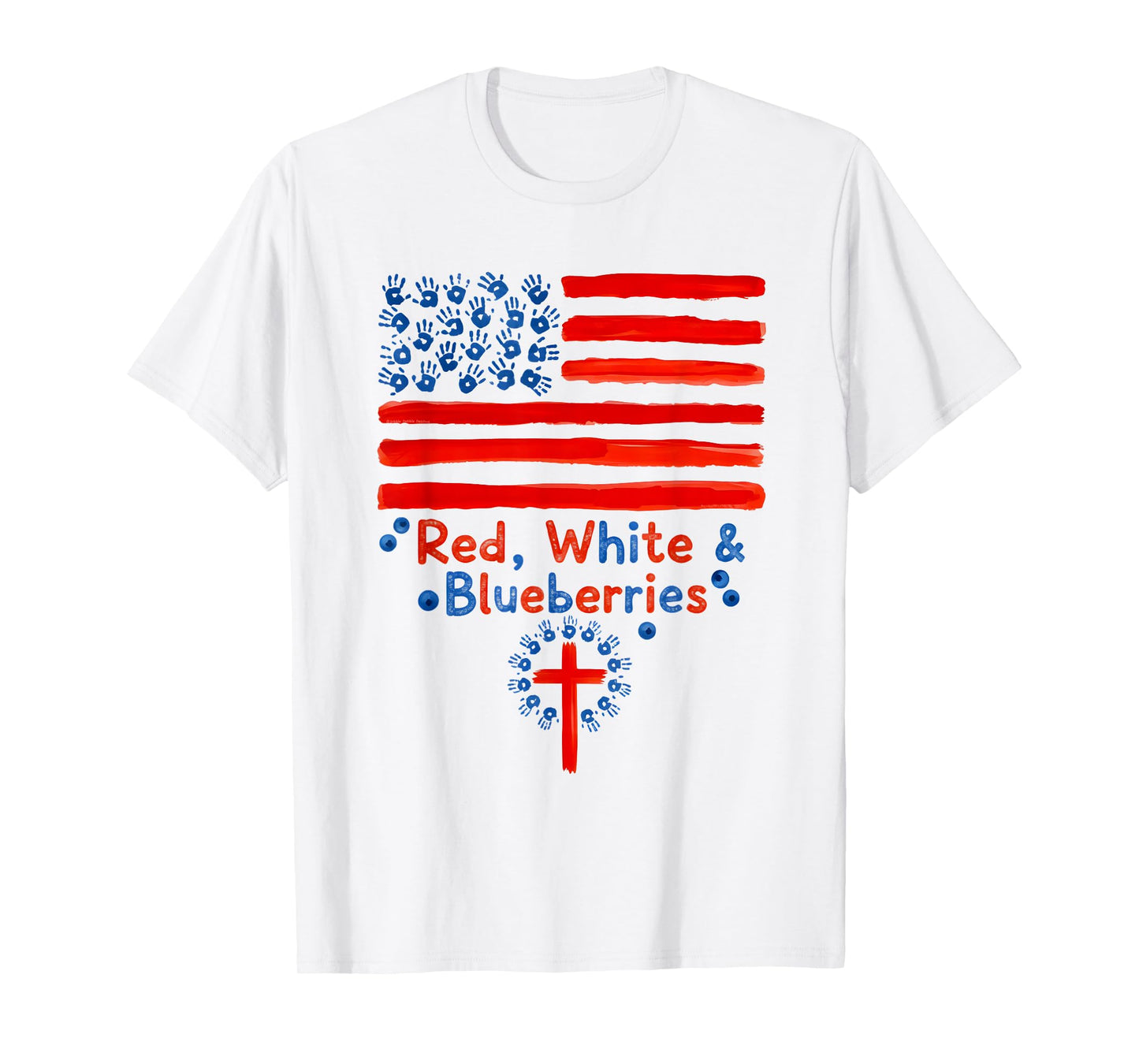 Cute Red White and Blueberries Fingerpaint Flag and Cross T-Shirt