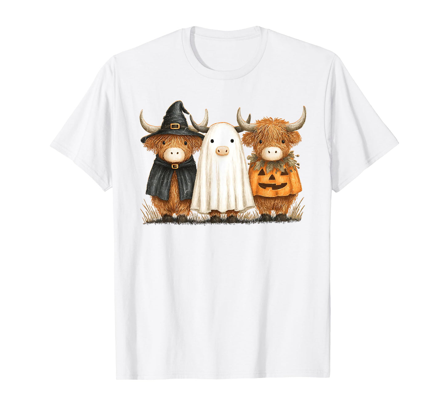 Retro Pumpkin Highland Cow Ghost Cow Witchy Cow Ghost Cow T-Shirt