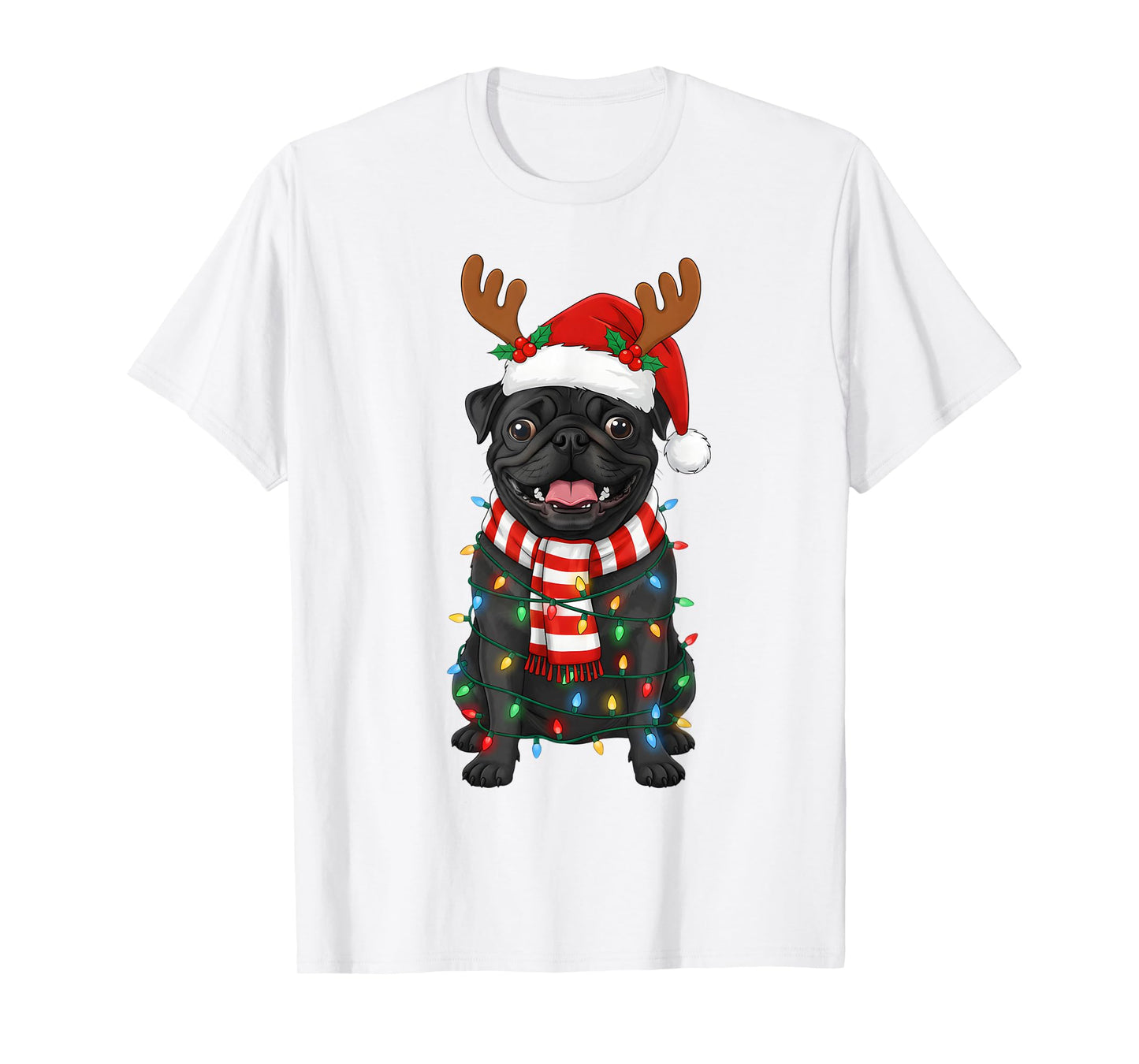 Black Pug Dog Tree Christmas Lights Xmas Pajama Men Women T-Shirt