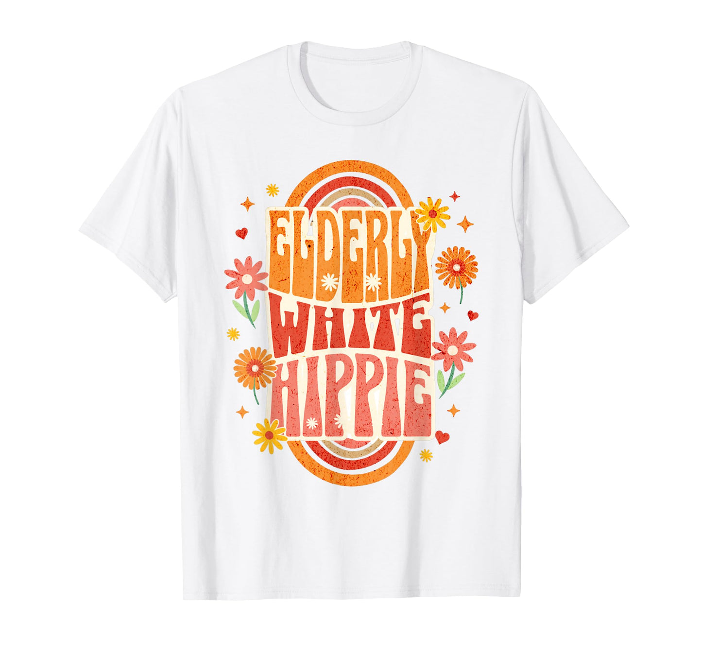 Elderly White Hippie Floral Retro Style Tee for Seniors T-Shirt