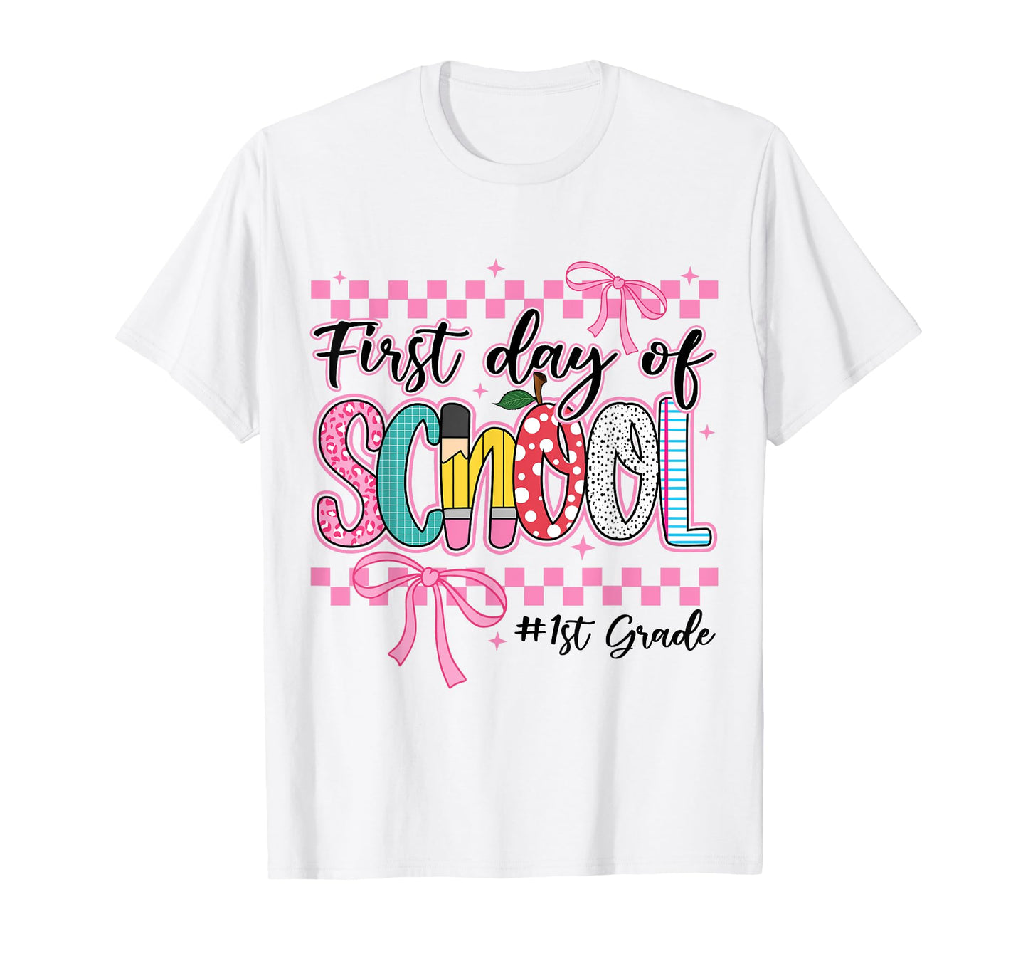 First Day of 1st Grade Kids Girl Bow Back To School Retro. T-Shirt