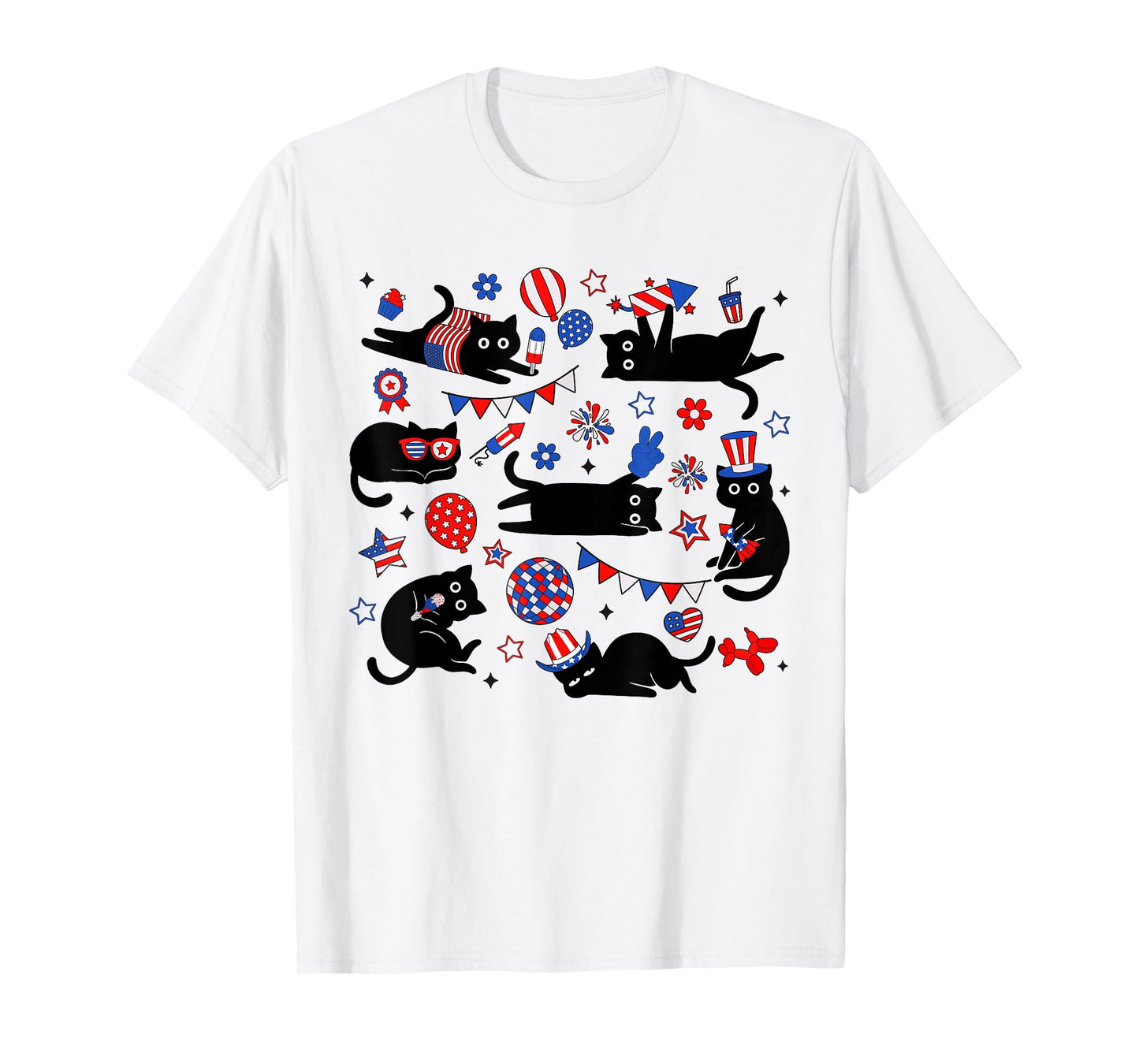 Cute Black Cat USA Flag Firework Patriotic 4th of July T-Shirt