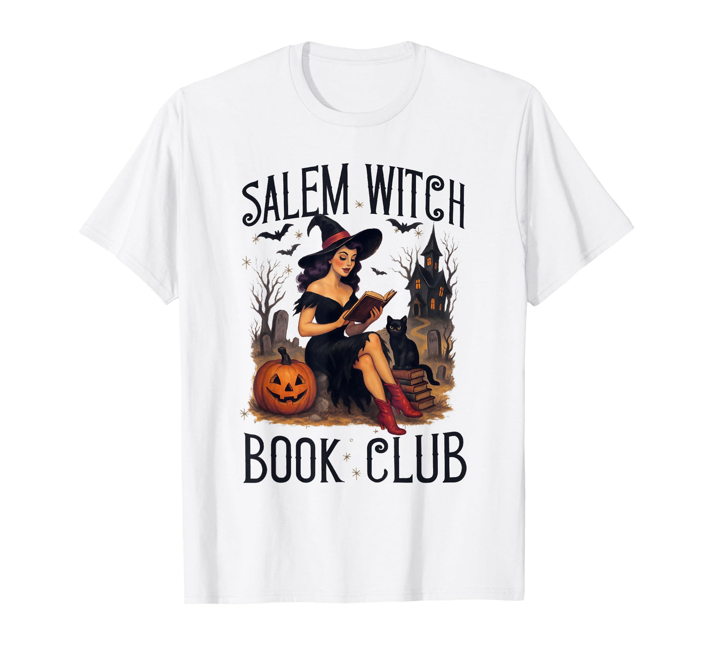 Salem Witch Book Club Bookish Retro Halloween Black Cat T-Shirt