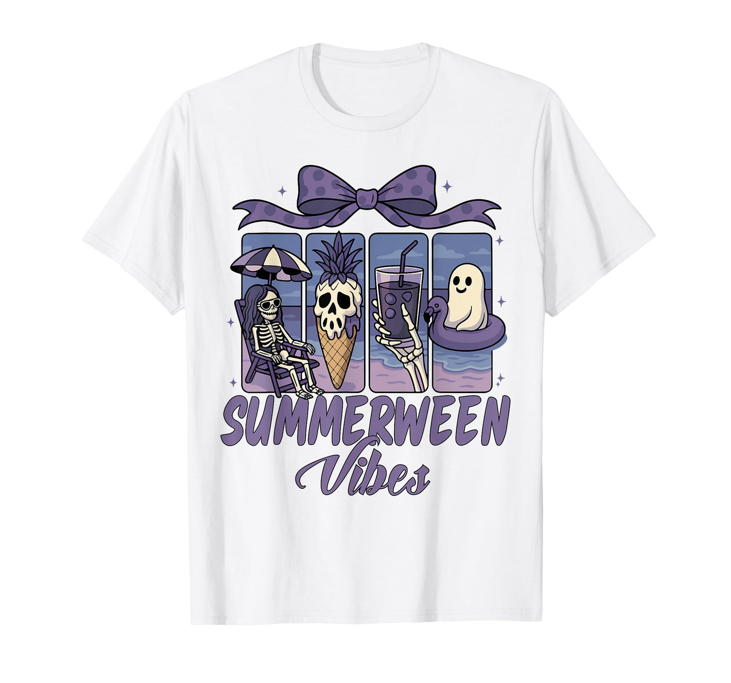 Summerween Vibes Skeleton Ghost Beach Party Halloween Bow T-Shirt