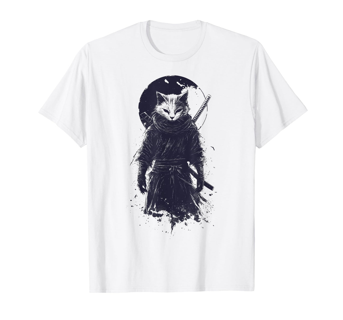 Cat Ninja Warrior with Katana and Moon T-Shirt for Men Women Kids