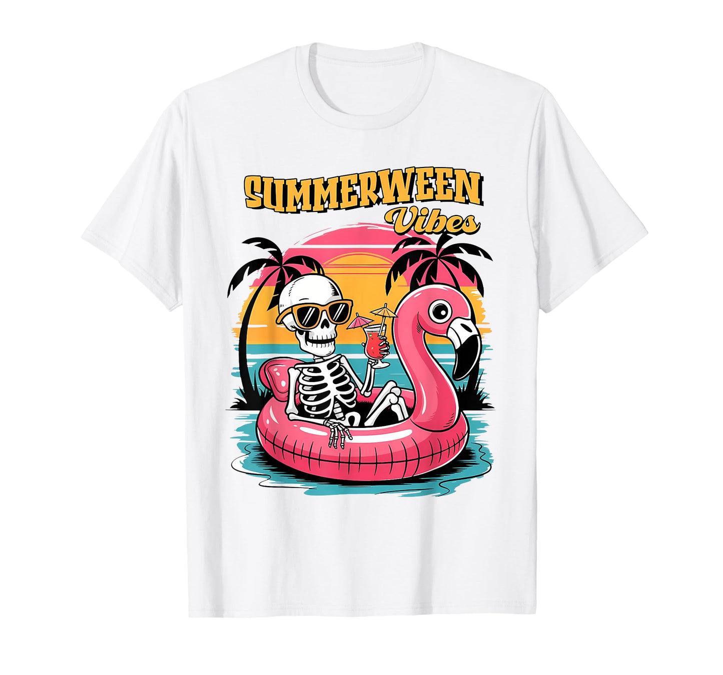 Summerween Vibes Skeleton Flamingo Spooky Halloween Summer T-Shirt