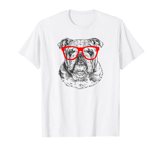 English Bulldog in Red Glasses Nerd Dog T Shirt T-Shirt