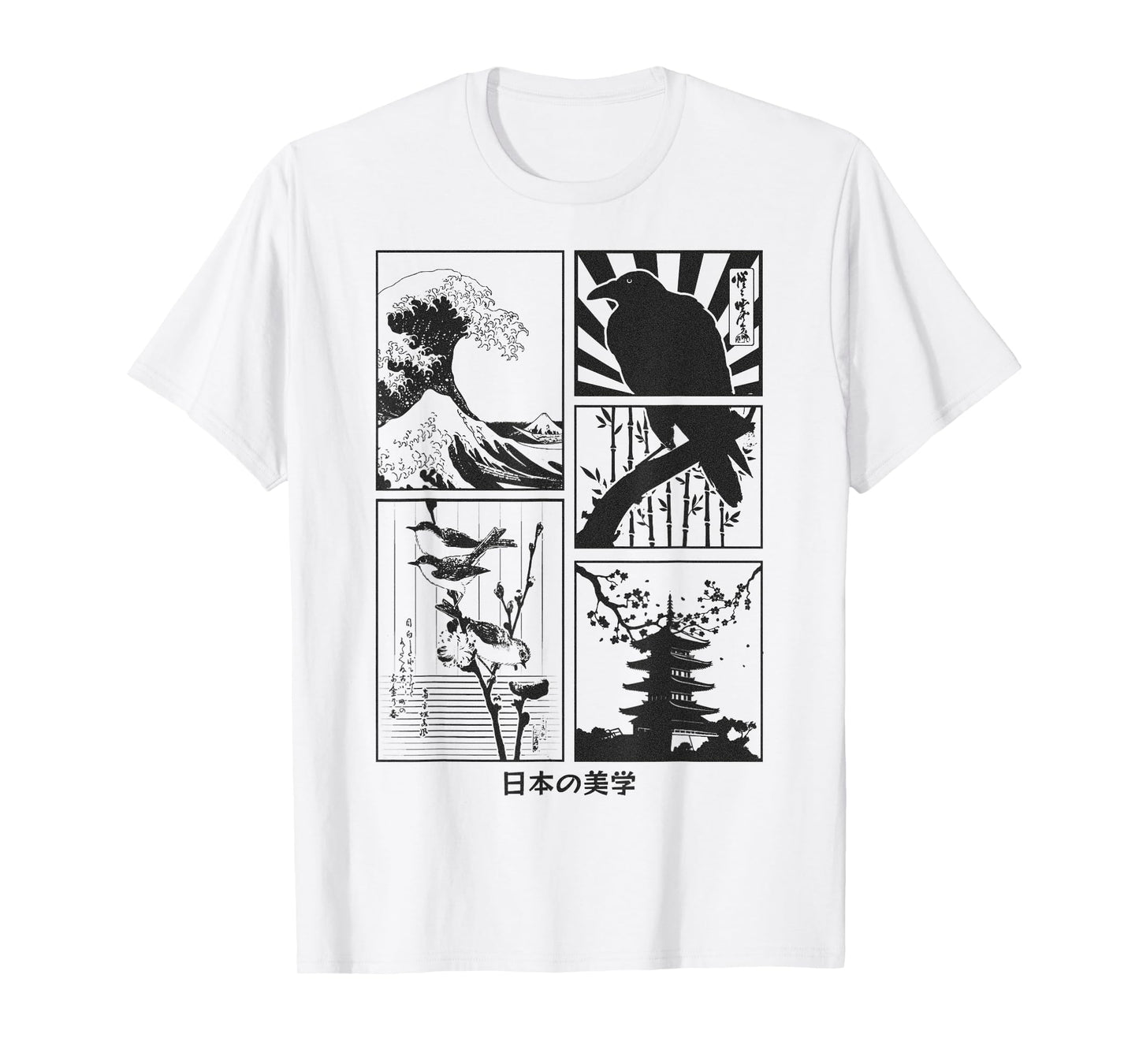 Japanese Art Birds on Cherry Blossom and Kyosai Crow Raven T-Shirt