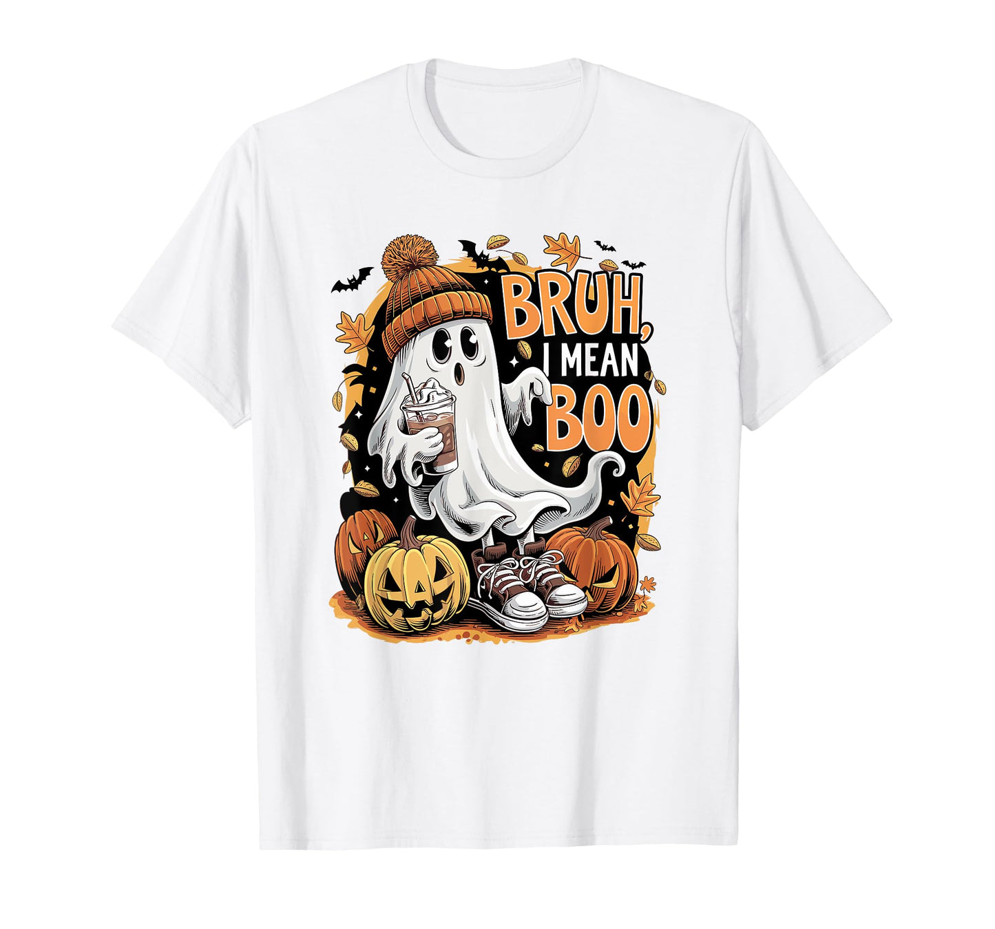 Bruh Ghost I Mean Boo Halloween Ghost Drinking Latte Coffee T-Shirt