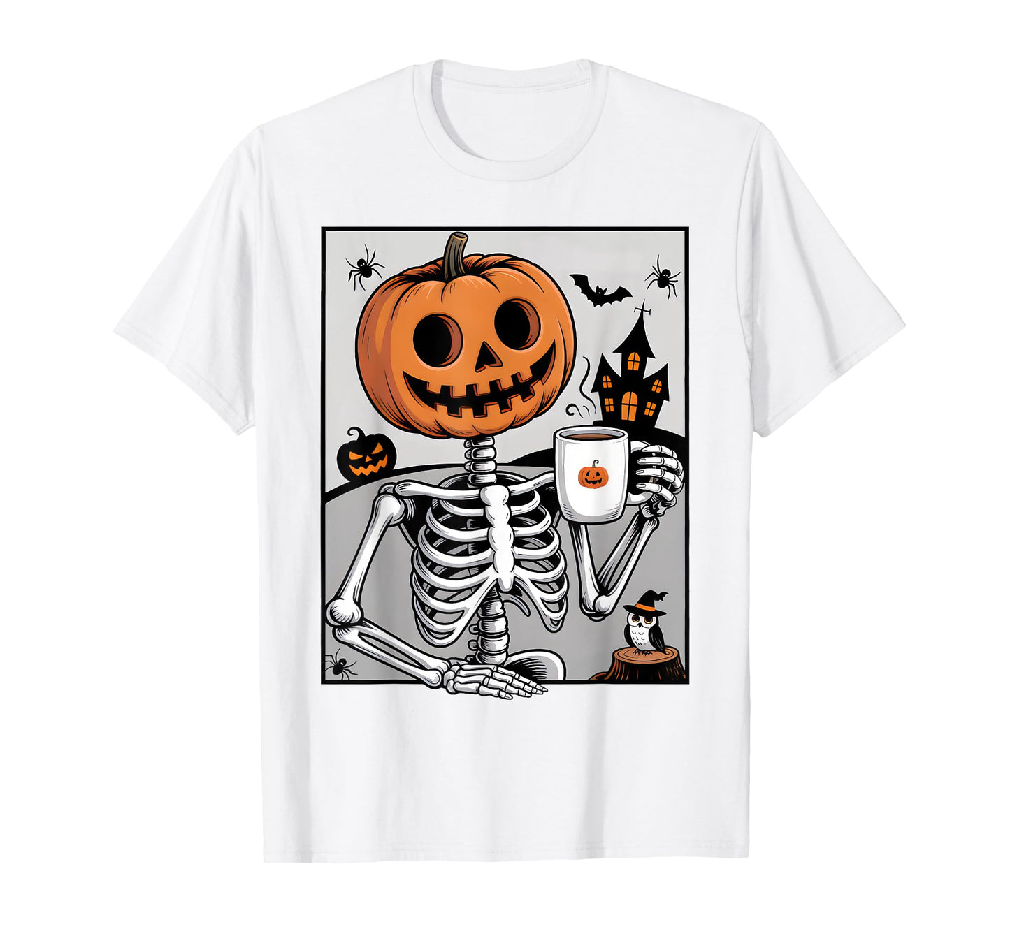 Skeleton Pumpkin Drinking Coffee Men Women Halloween Costume T-Shirt