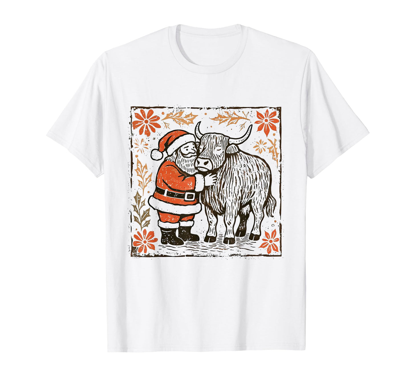 Boho Floral Western Christmas Santa Claus Highland Cow Xmas T-Shirt