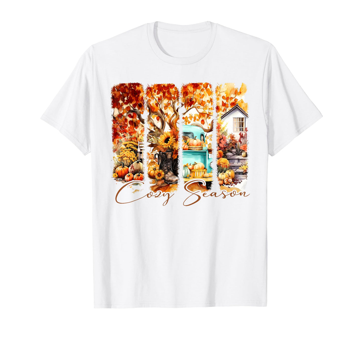 Cute Autumn Fall Season Pumpkin Truck Hat House Trees Cozy T-Shirt