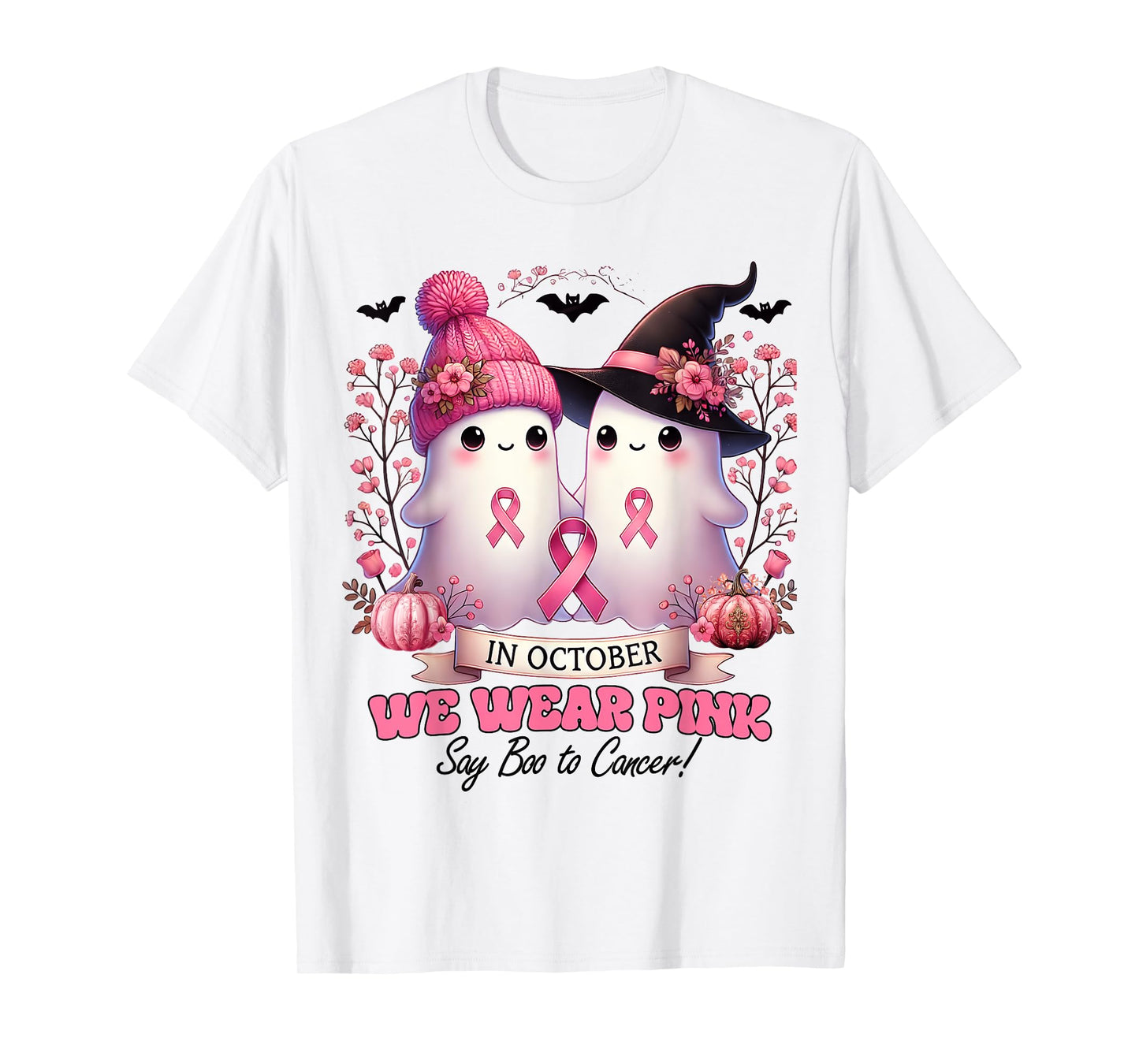 In October We Wear Pink Witch Ghost Pumpkin Breast Cancer T-Shirt