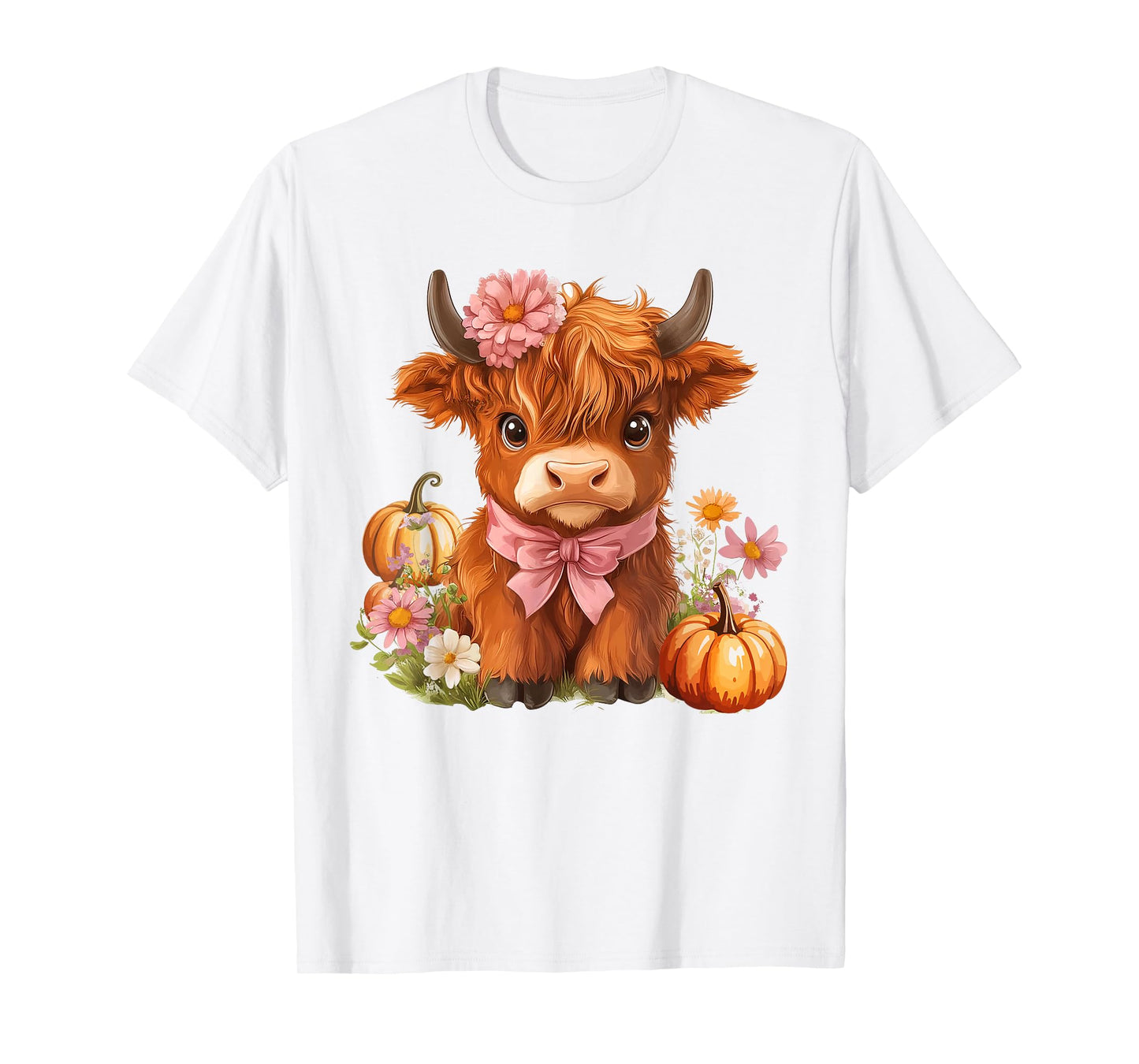 Highland Cow Pumpkin Pink Bow Ribbon Floral Autumn Fall Love T-Shirt