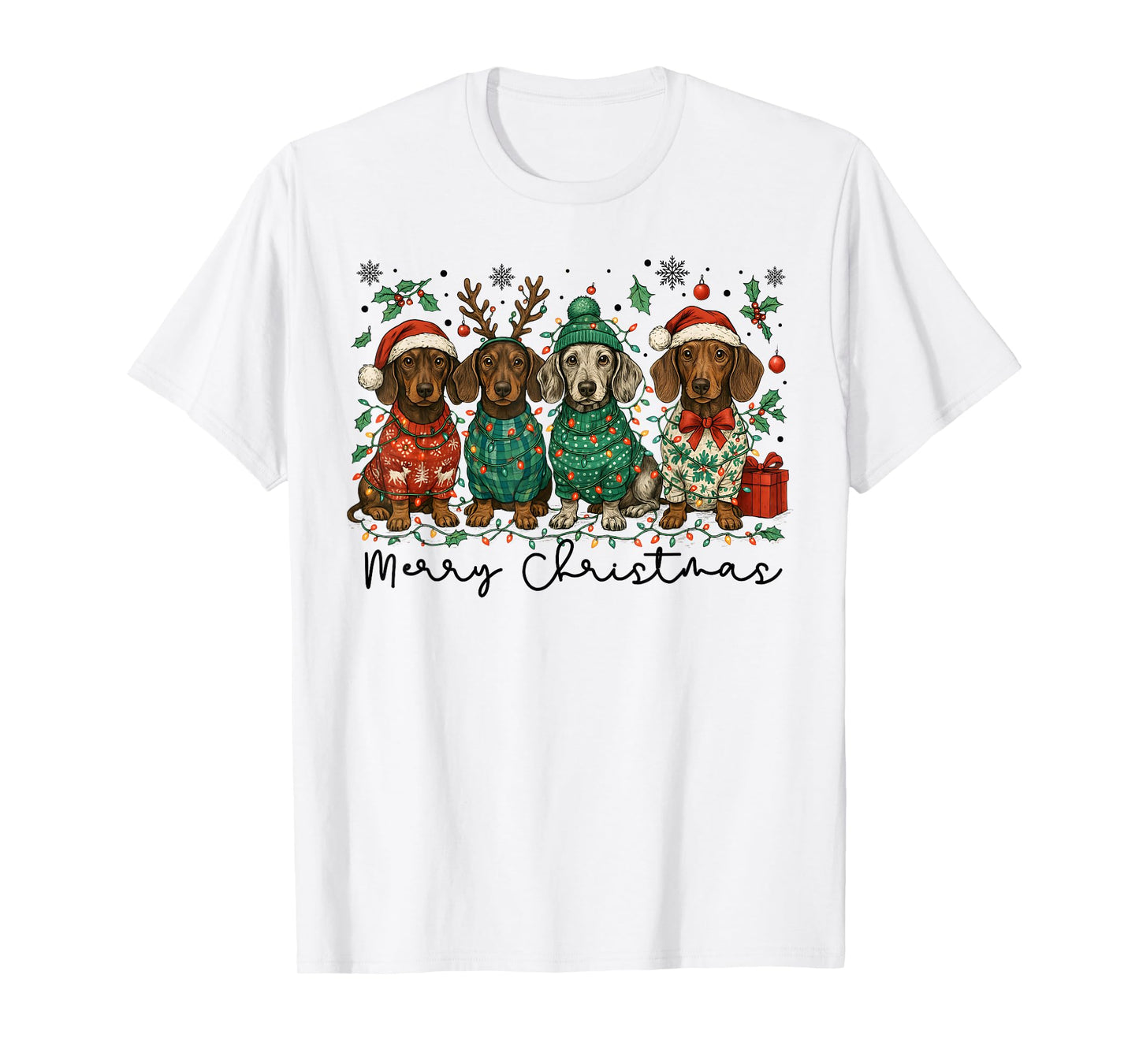 Merry Christmas Dachshund Dog Retro Xmas Puppy Men Women Kid T-Shirt