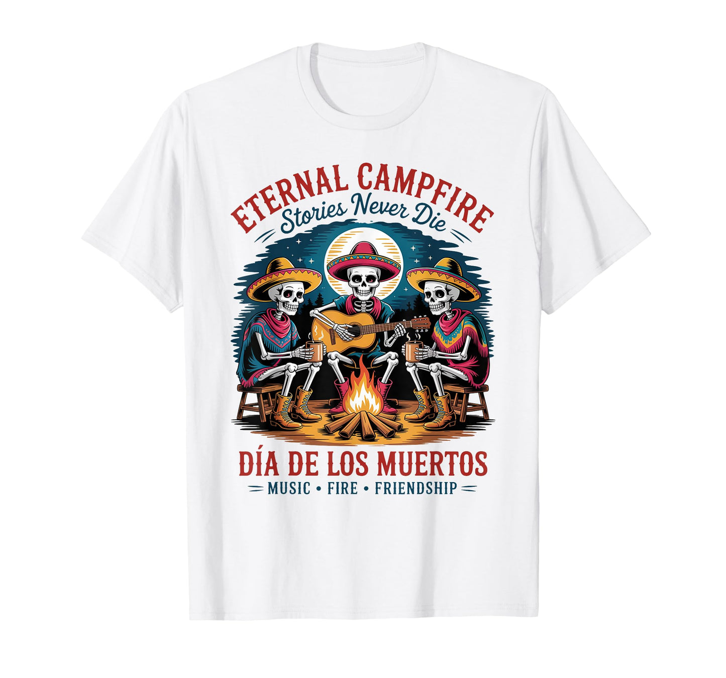 Mexican Campfire Sugar Skull Skeleton Día de los Muertos T-Shirt