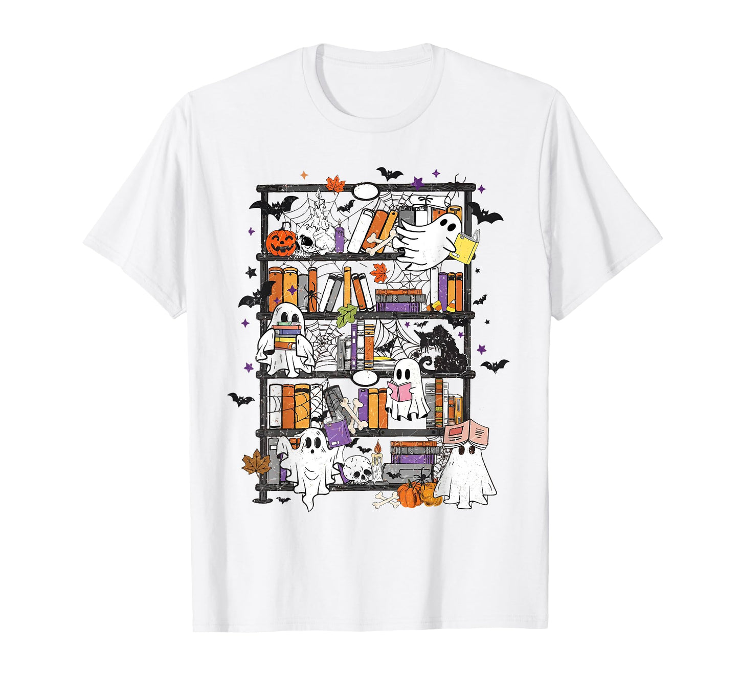 Funny Ghost Book Reading Books Lover Teacher Happy Halloween T-Shirt