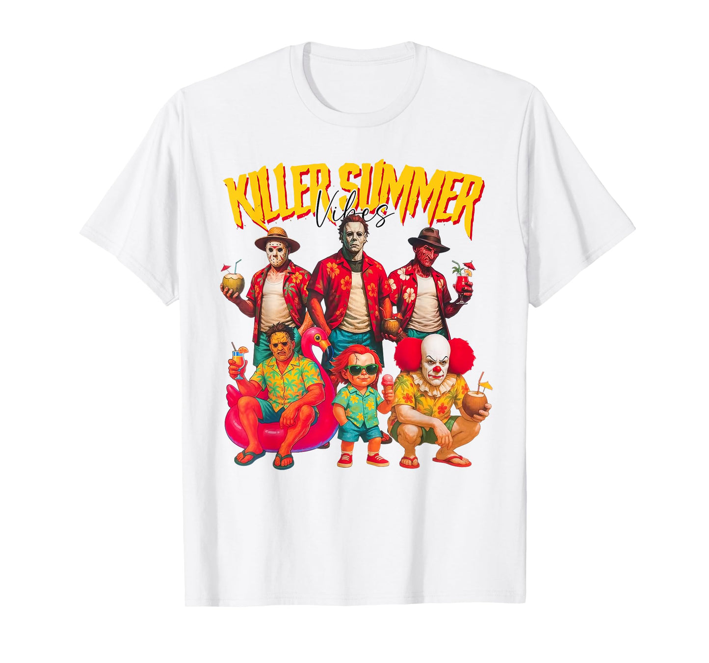 Killer Summer Vibes Beach Vacation Funny Horror Characters T-Shirt
