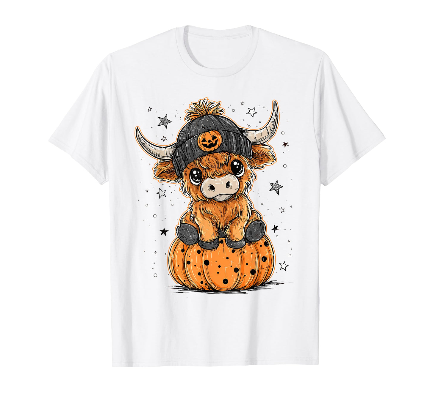 Cute Pumpkin Highland Cow Halloween Cow Lover Men Women Kids T-Shirt