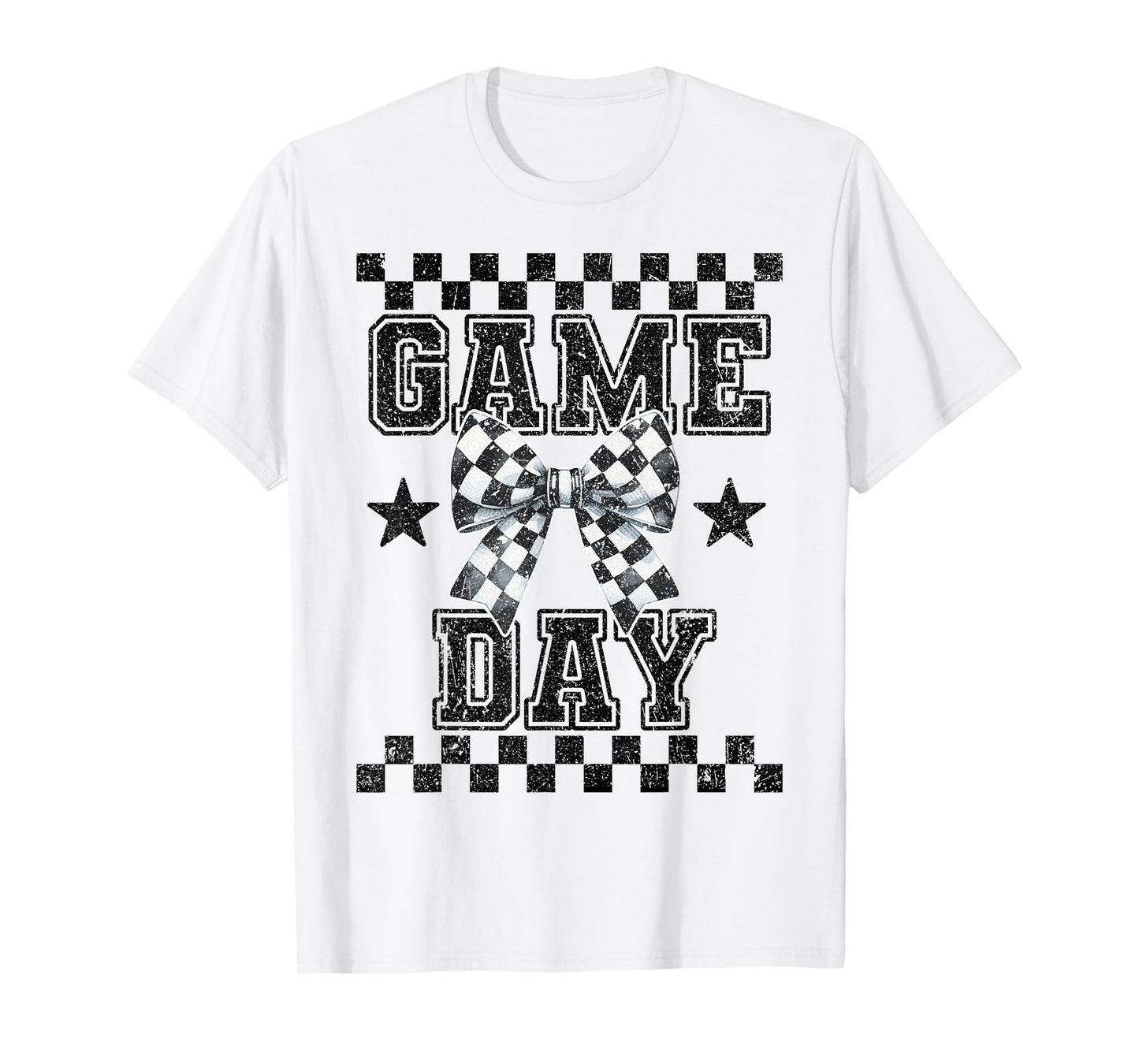 Retro Croquette Bow Black White Checkered Football Game Day T-Shirt