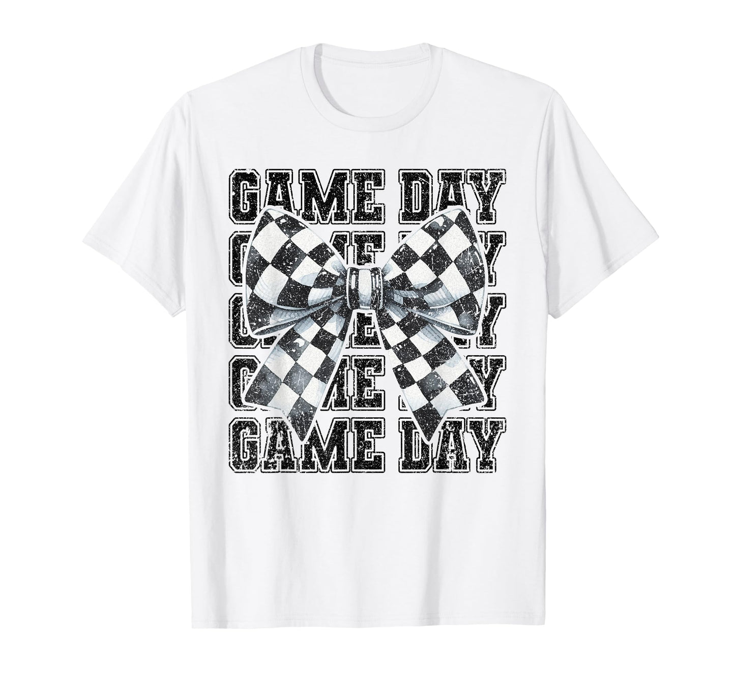Retro Croquette Bow Black White Checkered Football Game Day T-Shirt