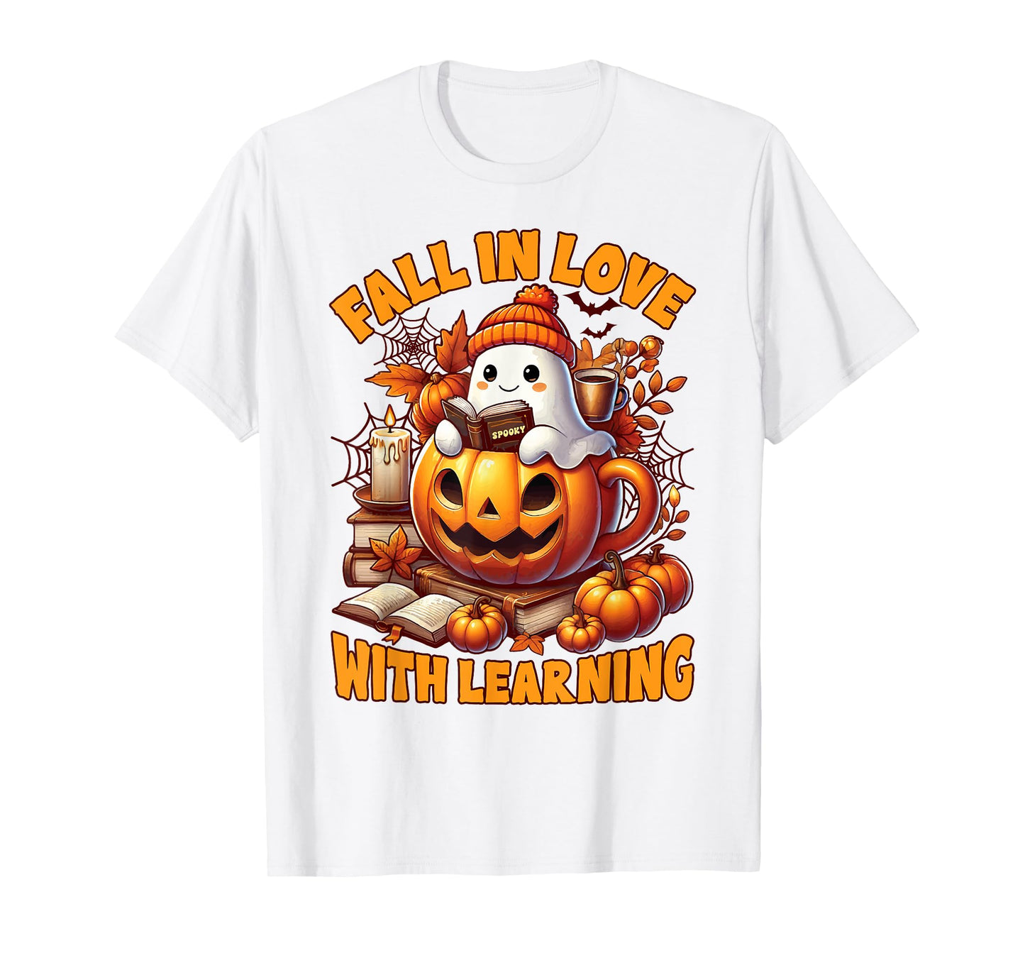 Fall In Love With Learning Cute Ghost Pumpkin Kids Teachers T-Shirt