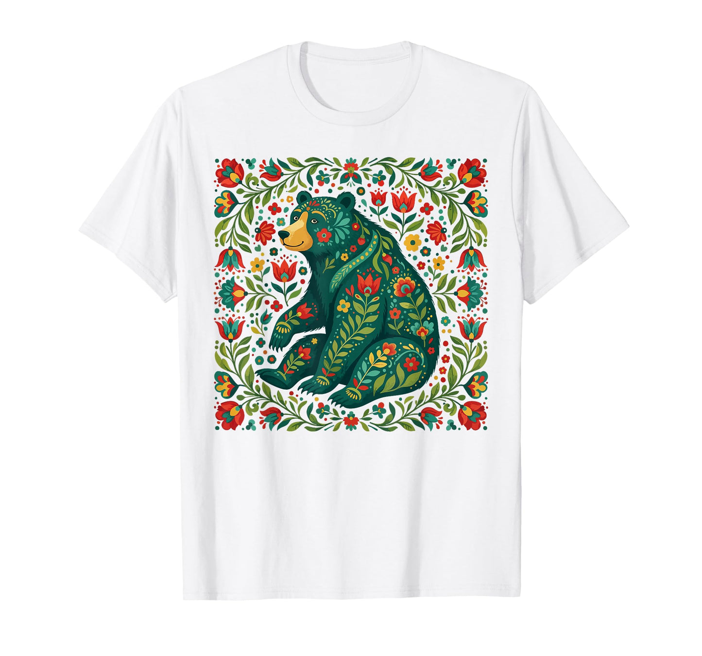 Scandinavian Folk Art Bear Floral Pattern Nordic Animal T-Shirt