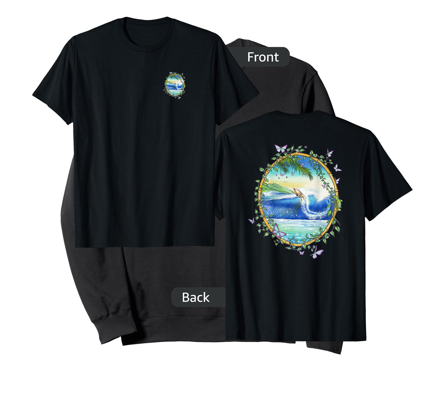 Surfing Front & Back Print Vintage Retro 70's Surf Art T-Shirt