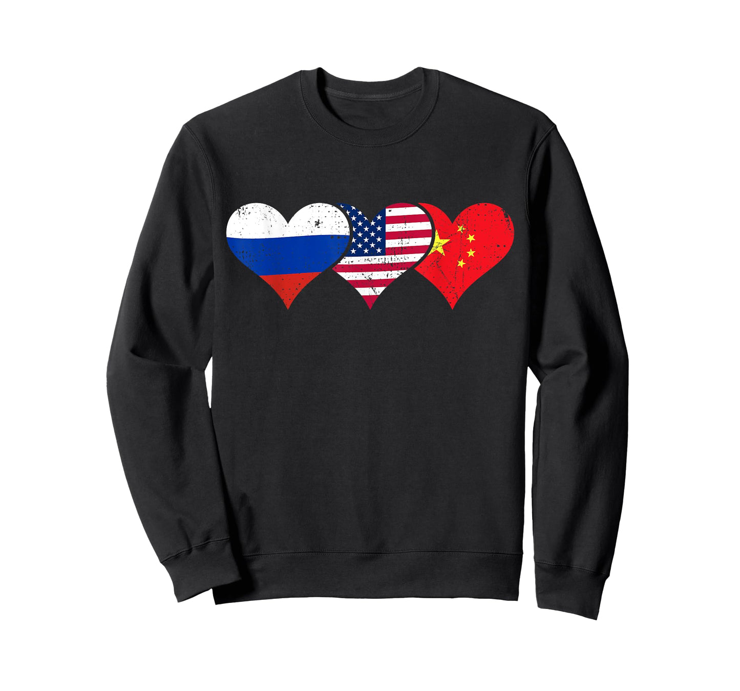 Russia, USA & China Flags – Russian American Chinese Hearts T-Shirt
