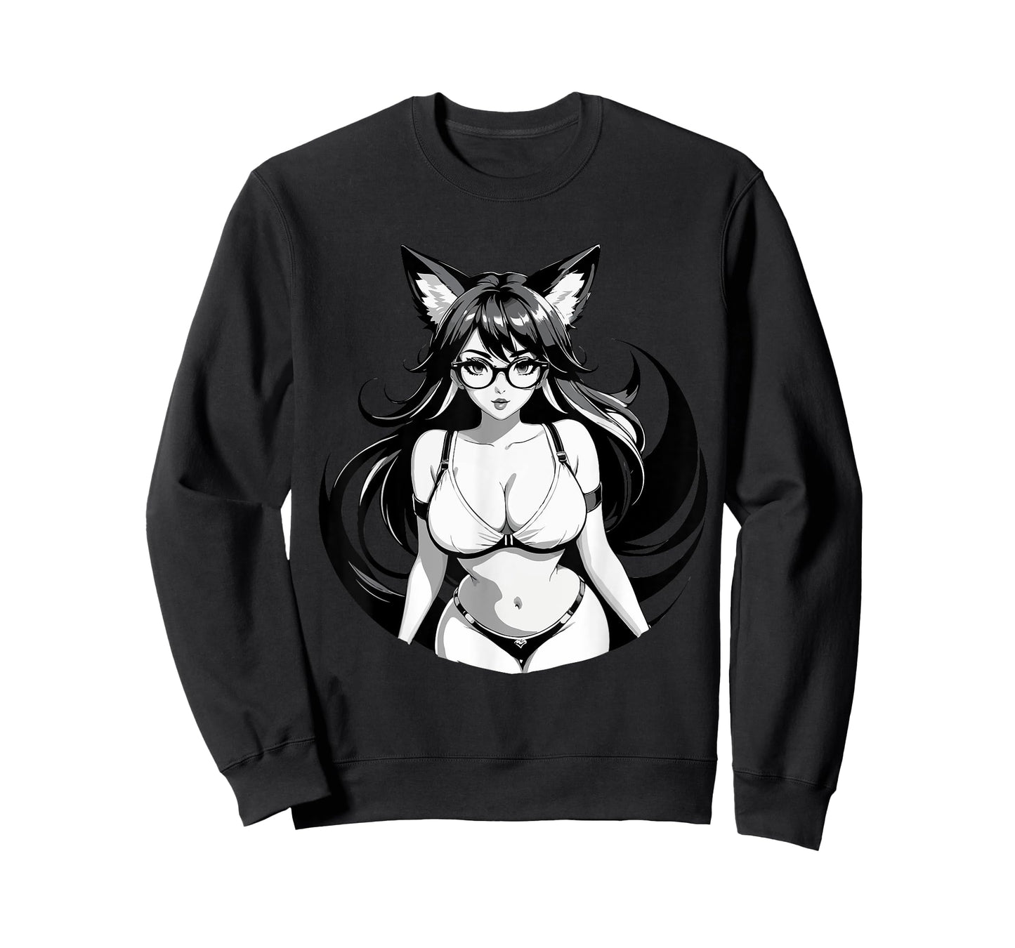 Sexy Waifu Otaku Anime Fox E-Girl Japanese Black & White T-Shirt