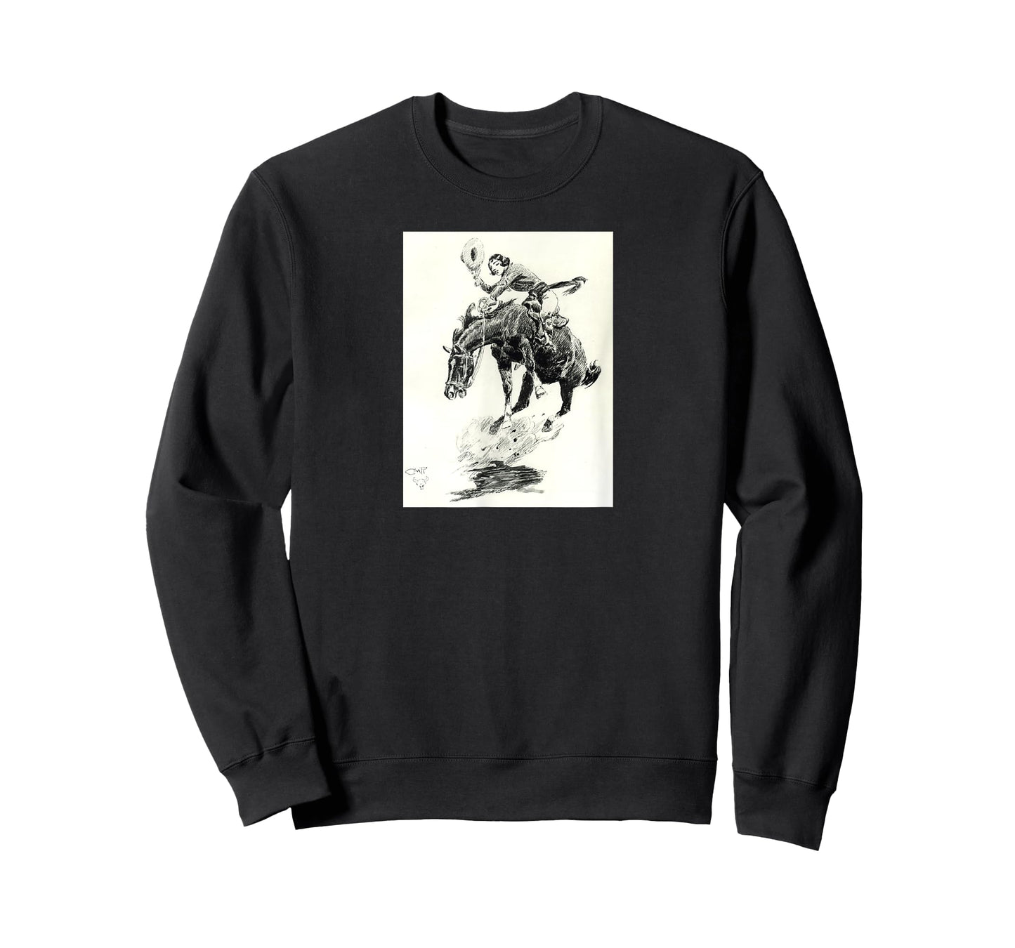 AmbiguiTee Art Western T-Shirt - Rodeo Cowgirl Riding Bucking Horse - Black - Small - Short Sleeve - Classic Fit - Cotton 65%, Polyester 35%