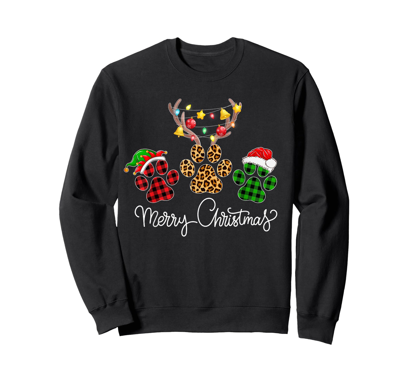 Merry Christmas Dog Paws Lights Buffalo Plaid & Leopard Xmas Men Women Kids T-Shirt