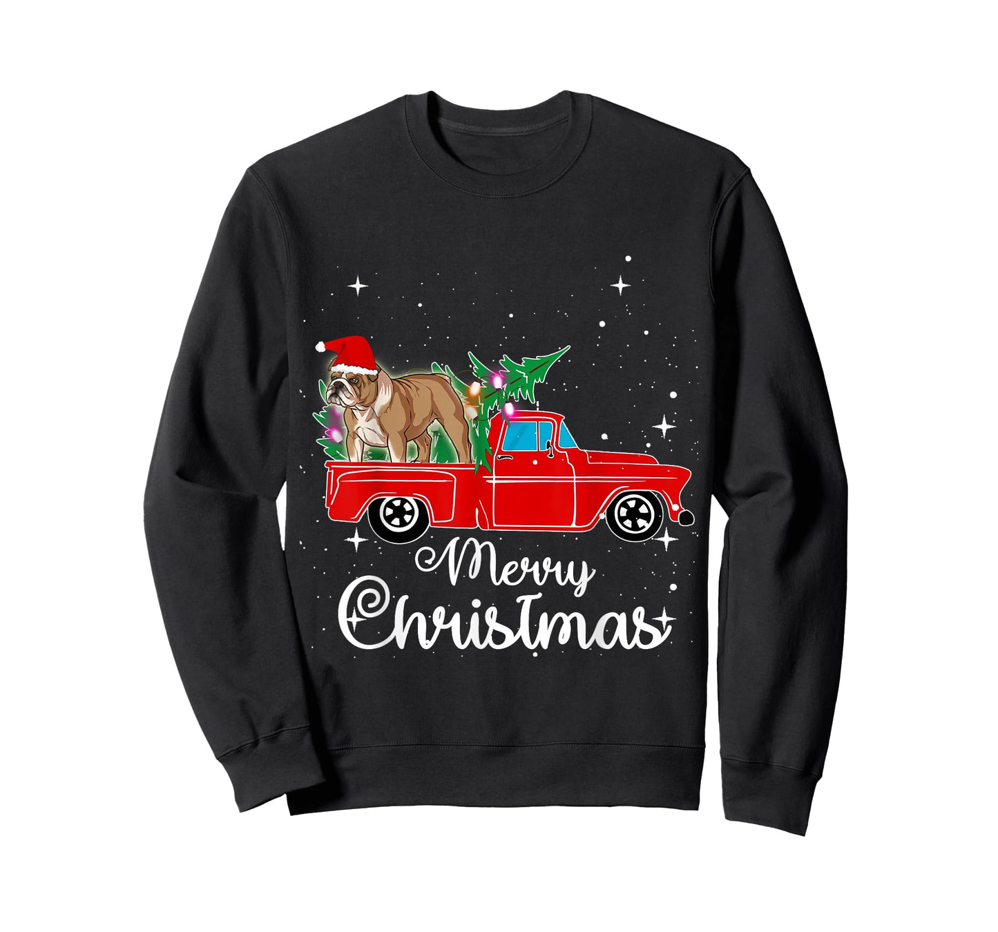 English Bulldog Dog Red Truck Christmas Tree Lights Xmas T-Shirt