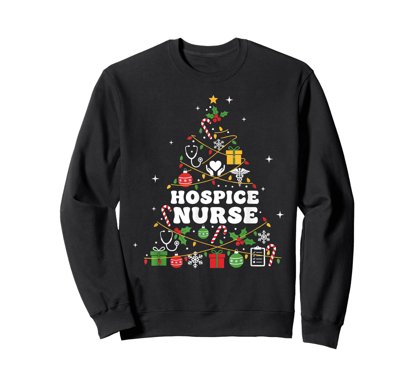 Hospice Nurse Christmas Tree Lights Womens Mens Kids T-Shirt