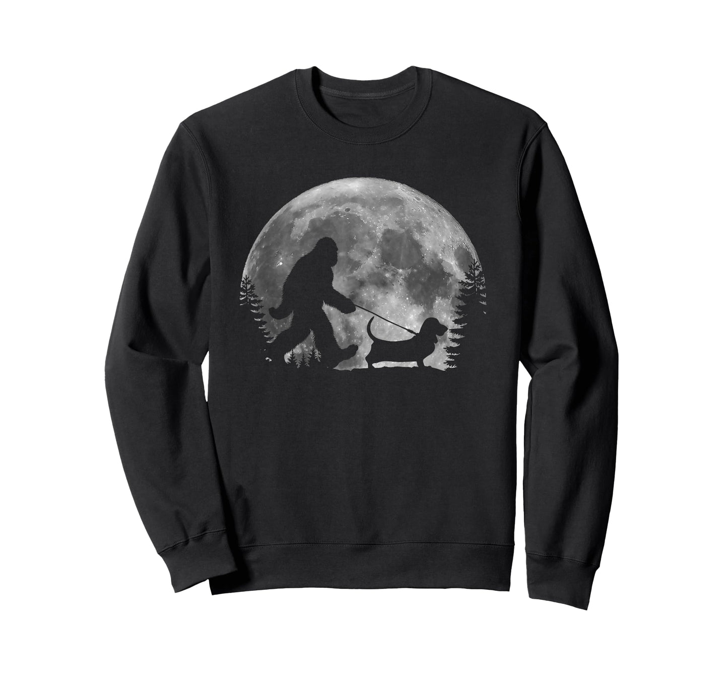 Bigfoot Walking a Dog Funny Basset Hound Moon Halloween T-Shirt for Men Women Kids