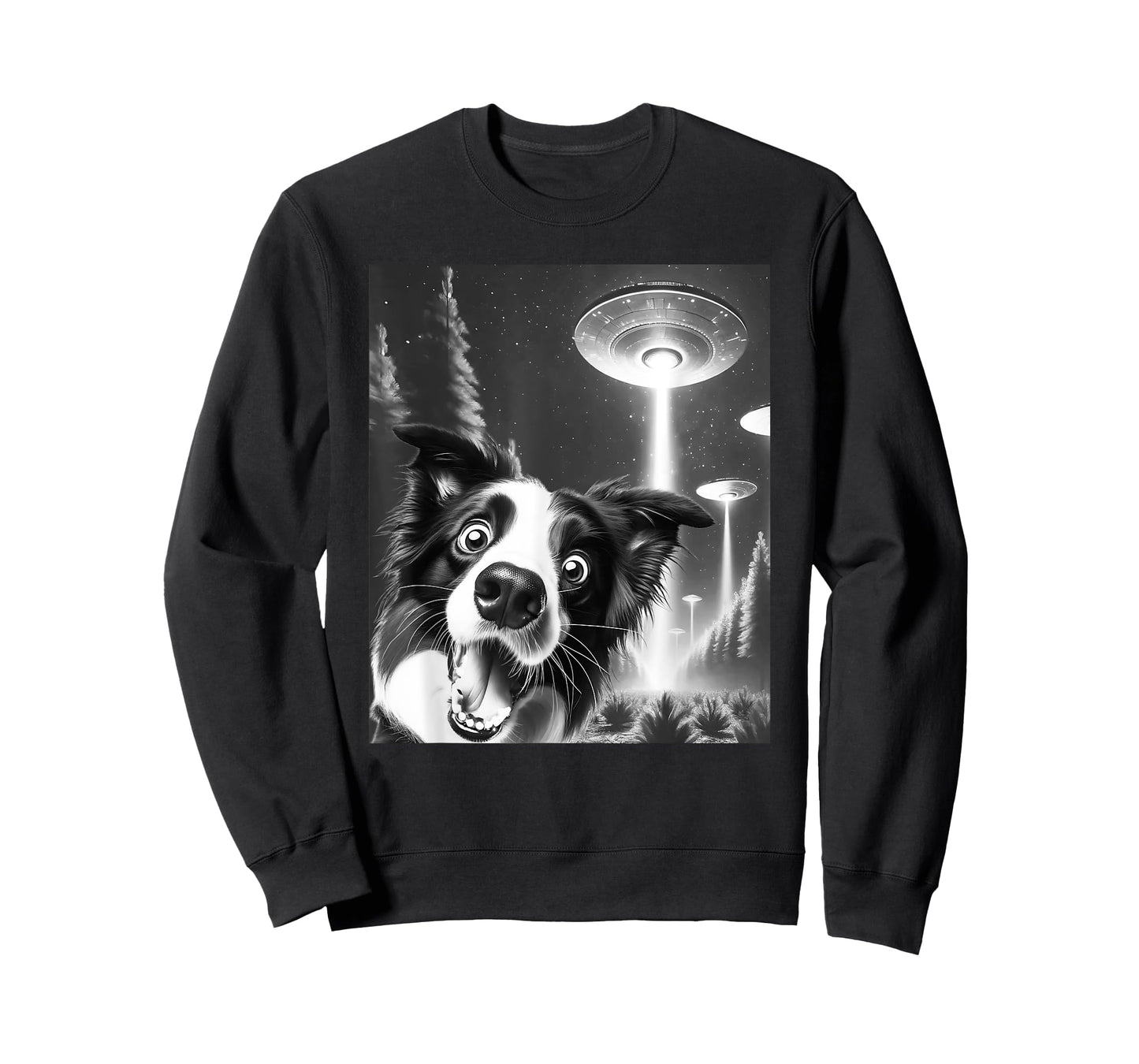 Funny Border Collie Alien UFO Taking a Selfie Dog Mom Dad Men Women Girls Kids T-Shirt