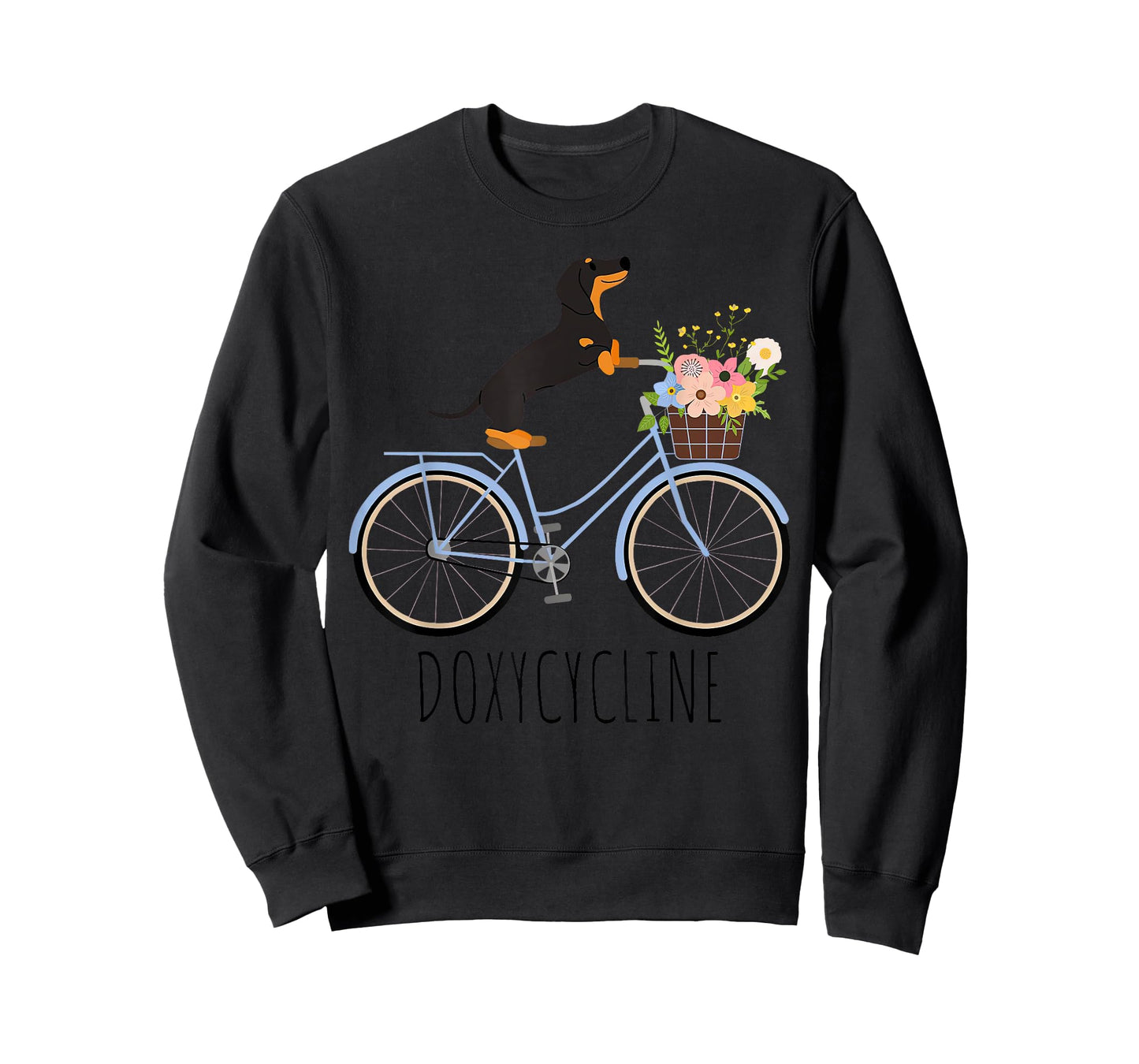 Doxycycline Pharmacy Pun Funny Dachshund on Bicycle Flower T-Shirt